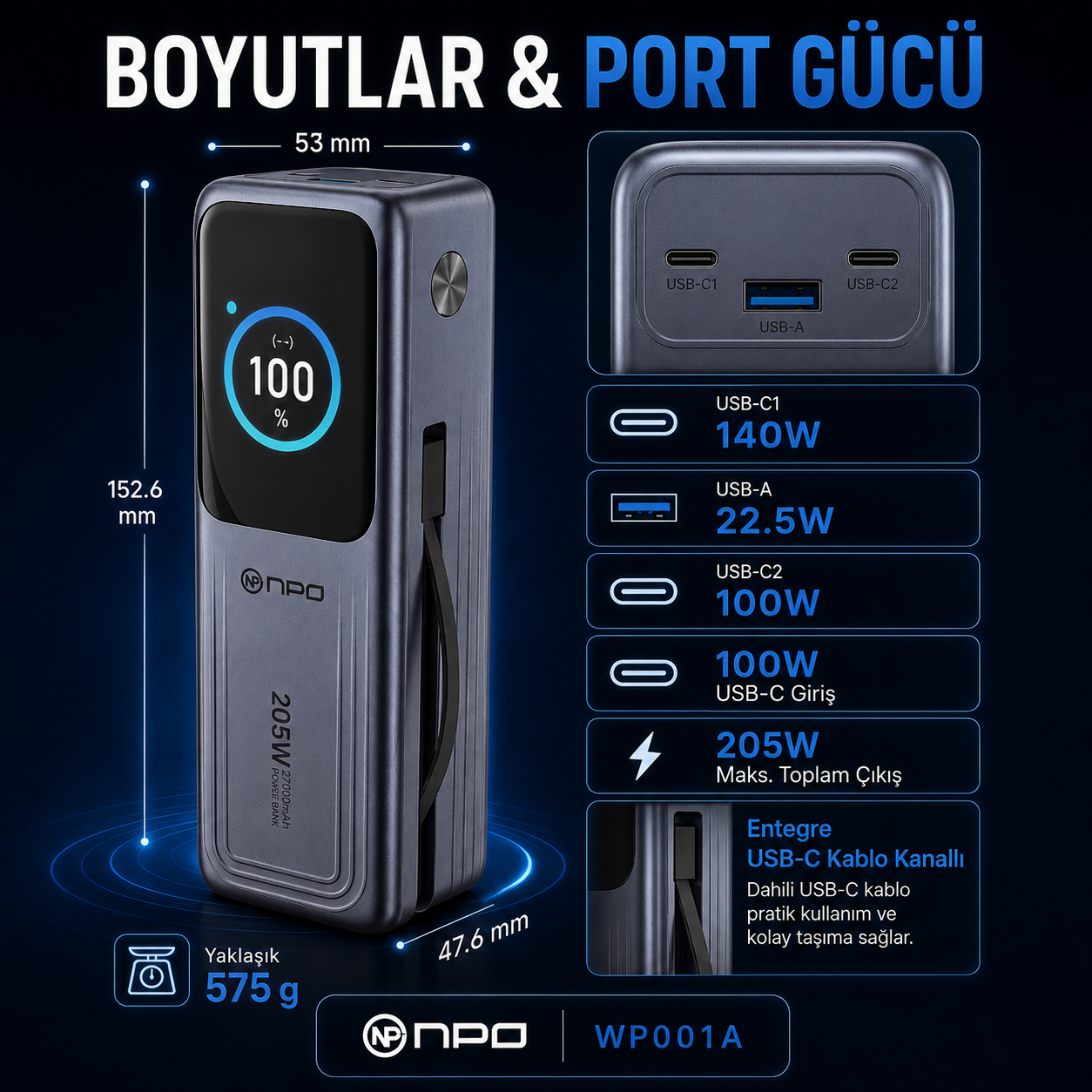 Birden fazla USB bağlantı noktasına sahip mavi bir powerbank'in teknik şeması ve ölçüleri.