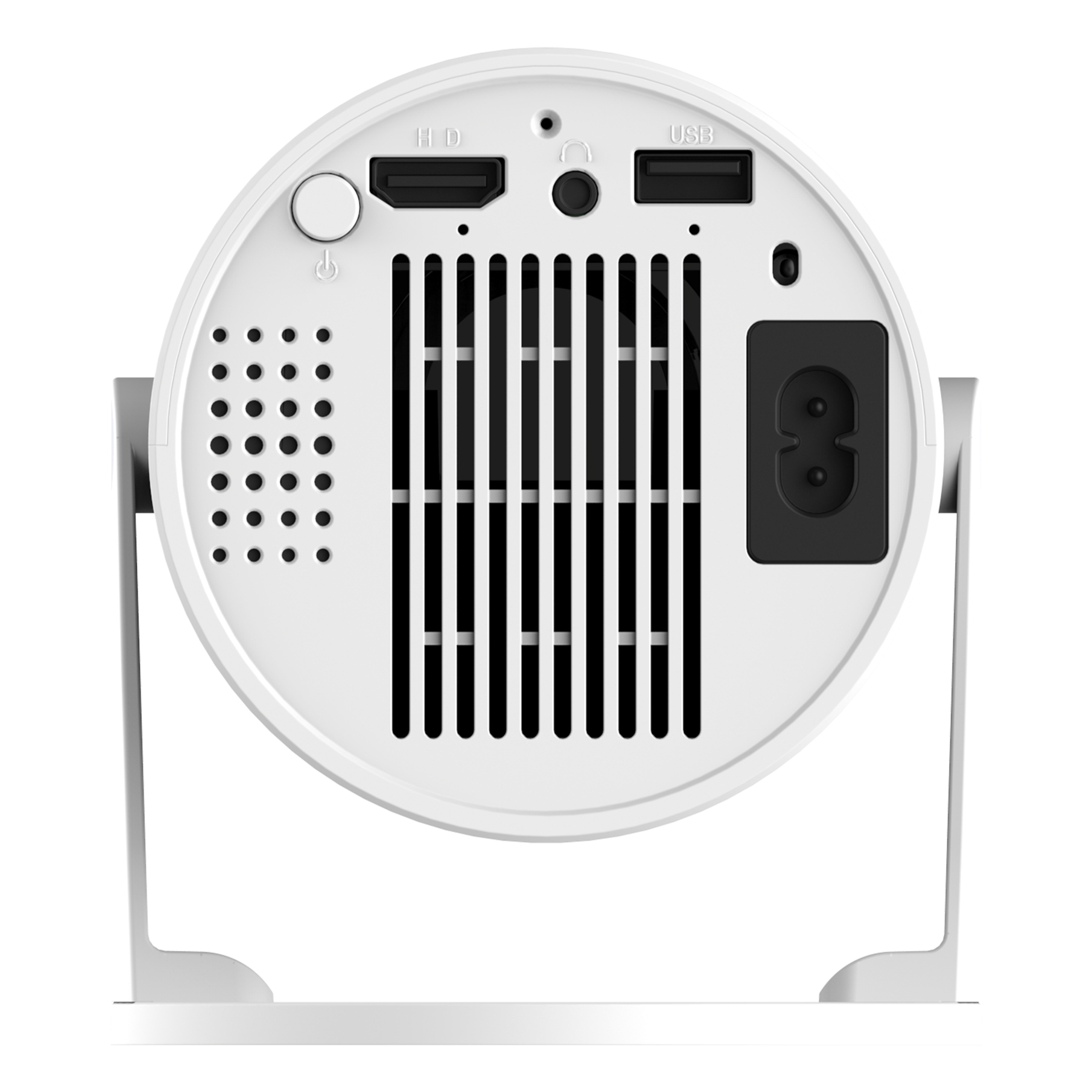 Widok z tyłu okrągłego białego projektora z portami HDMI, USB i audio oraz stojakiem.