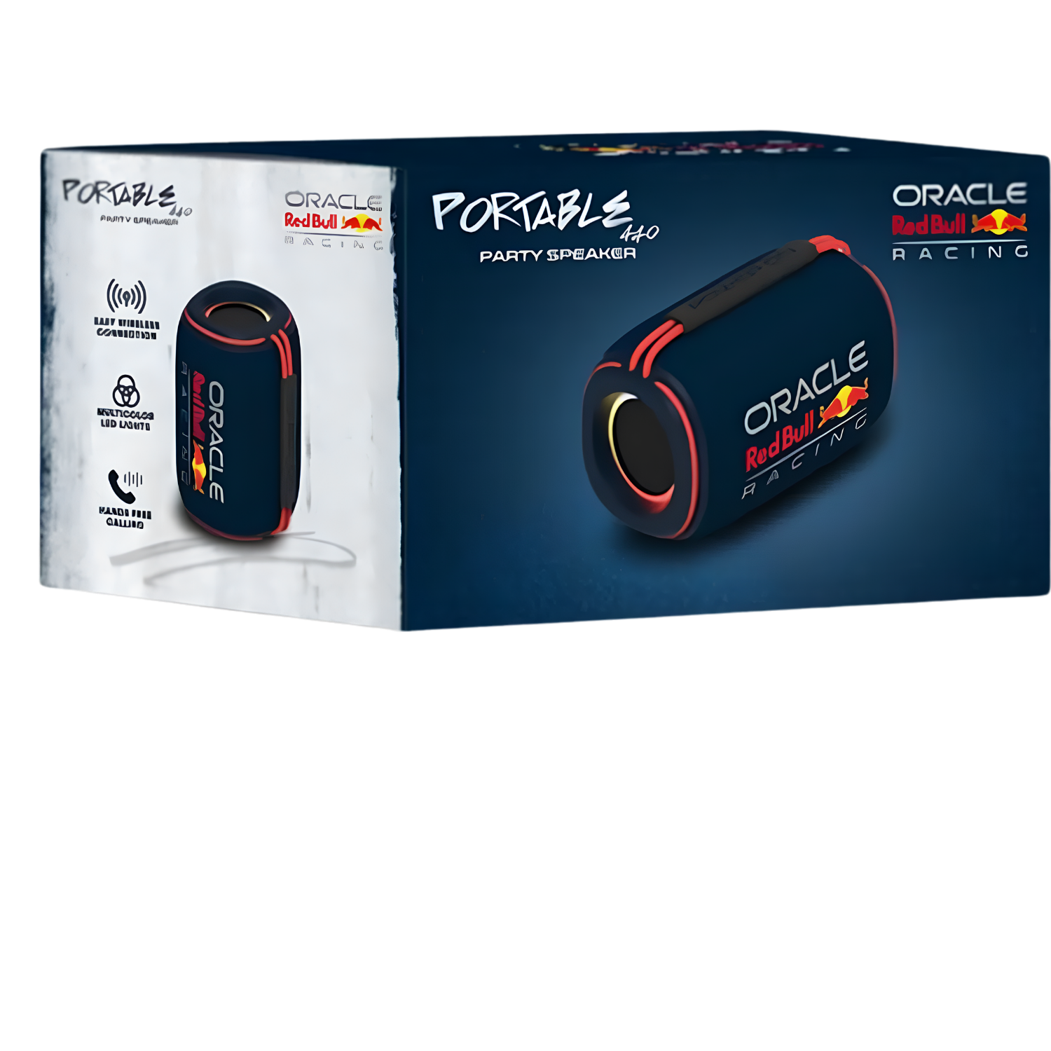 Un altoparlante portatile blu e rosso Oracle Red Bull Racing nella sua scatola.