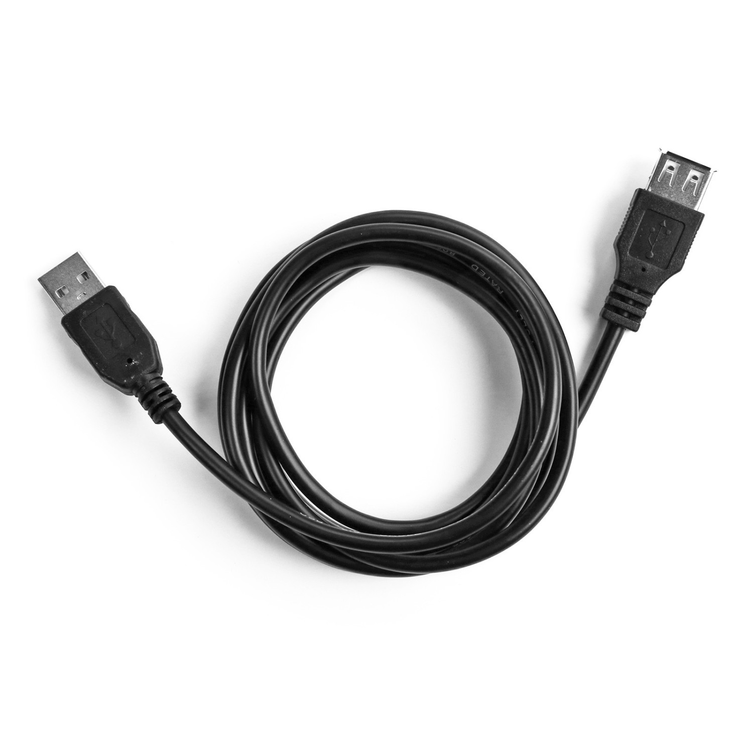 Un cavo di prolunga USB nero arrotolato con una spina maschio e una porta femmina su sfondo bianco.