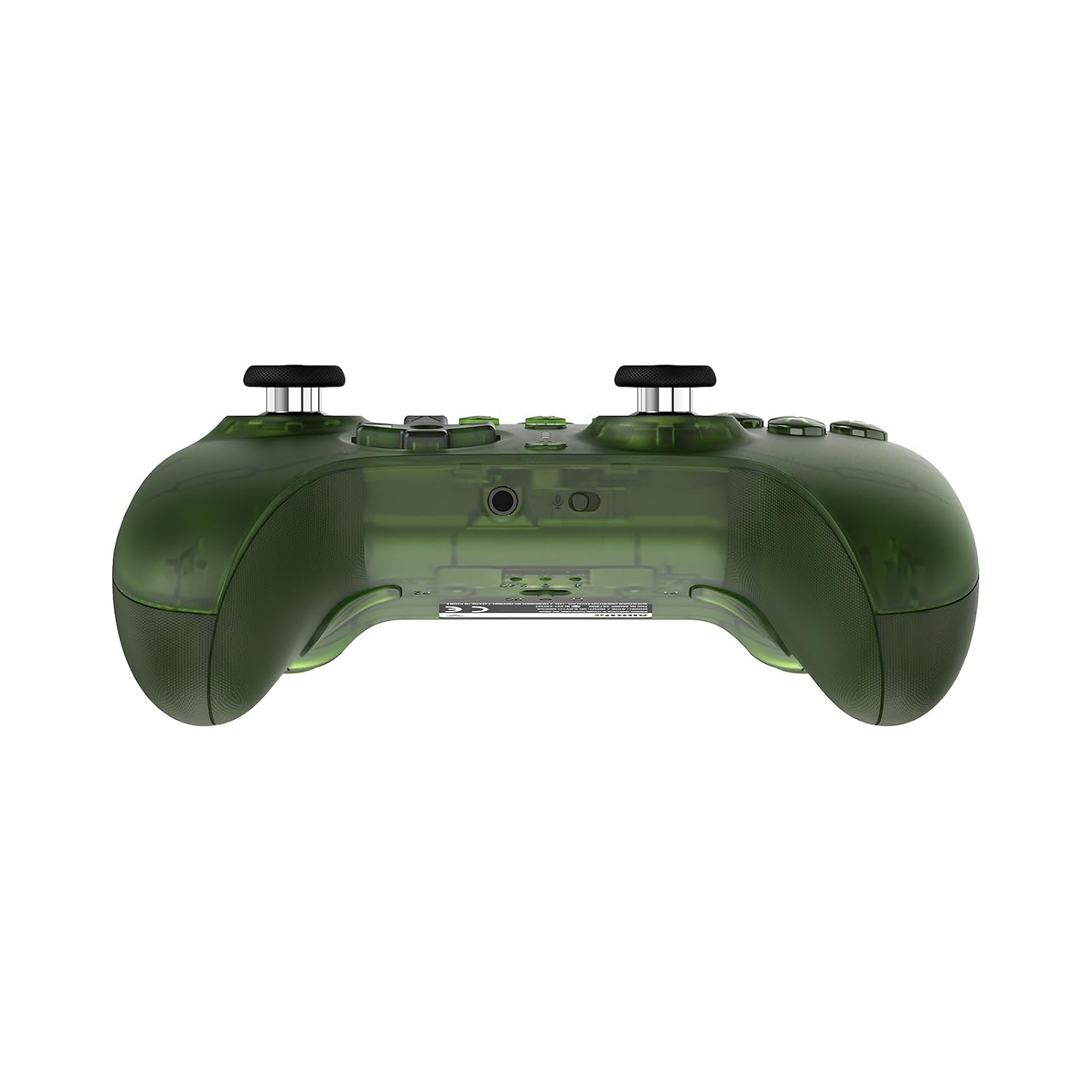 Przezroczysty zielony kontroler do gier widok z przodu pokazujący joysticki, krzyżak i przyciski na białym tle.