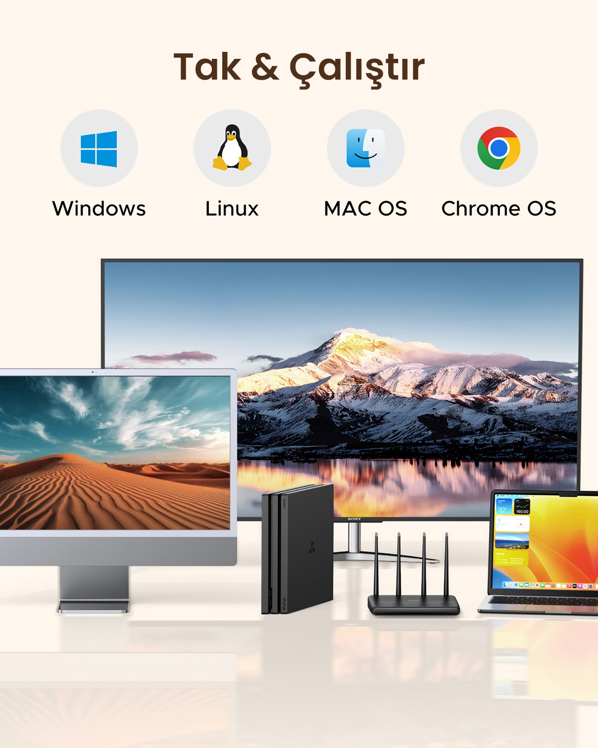 Kompatibel mit Windows, Linux, MAC OS und Chrome OS. Zeigt Monitore, eine Konsole und einen Router.