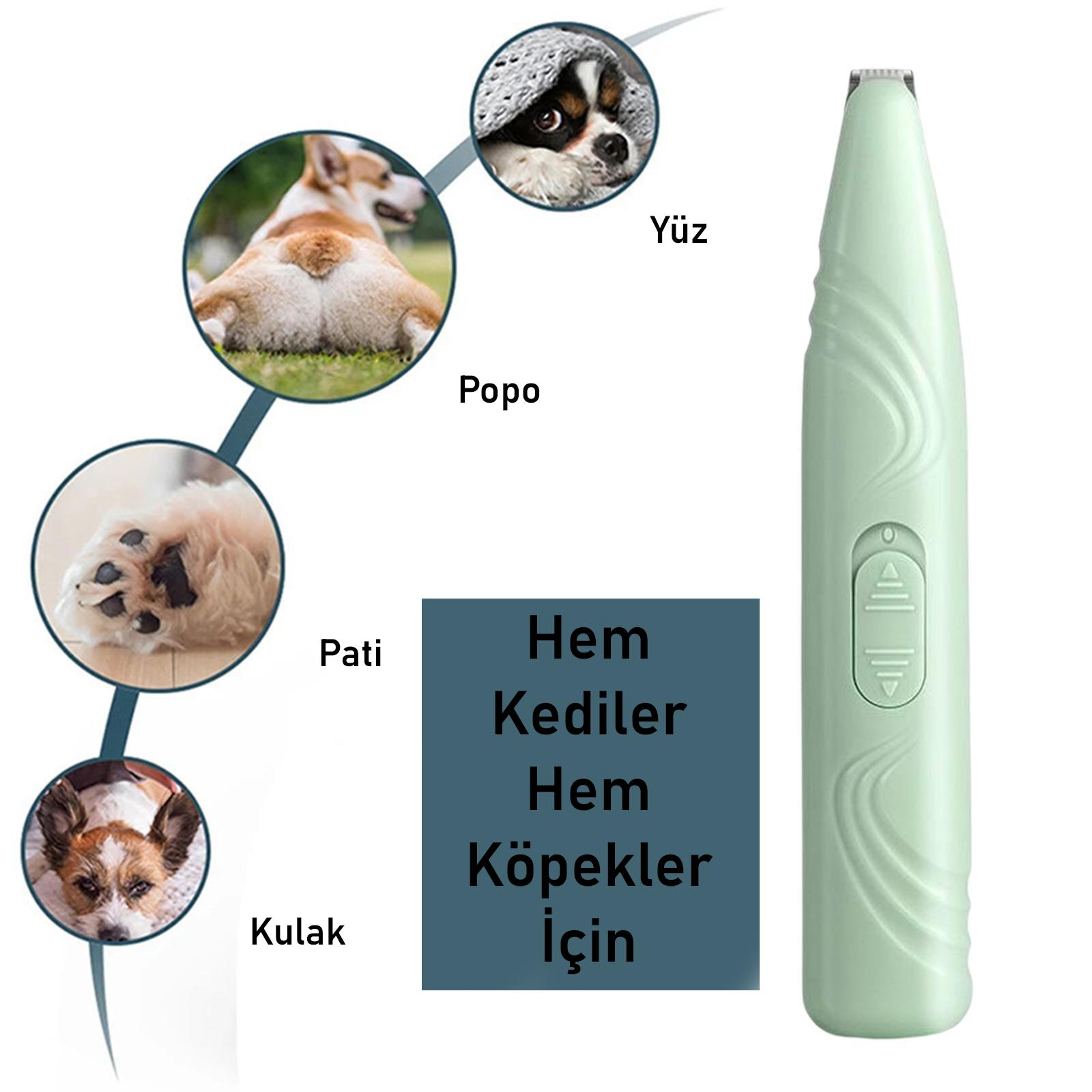 Evcil hayvan vücut kısımlarının dairesel görselleriyle köpek ve kediler için yeşil tıraş makinesi.