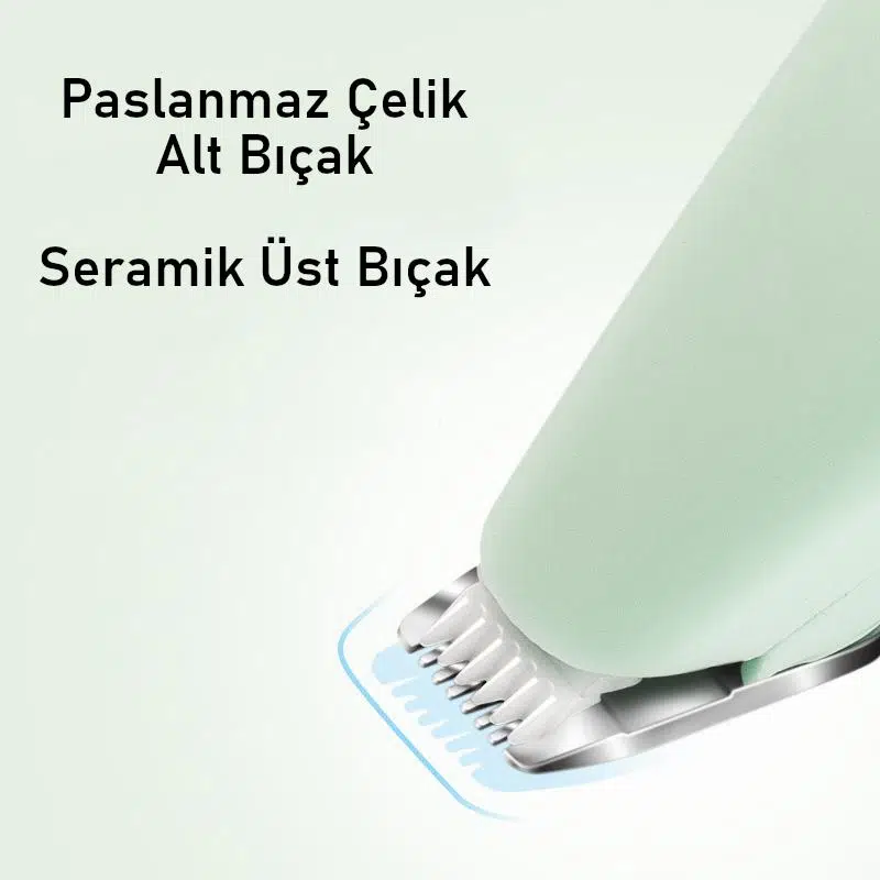 Paslanmaz çelik alt bıçaklı ve seramik üst bıçaklı yeşil saç kesme makinesi, açık yeşil arka planda.