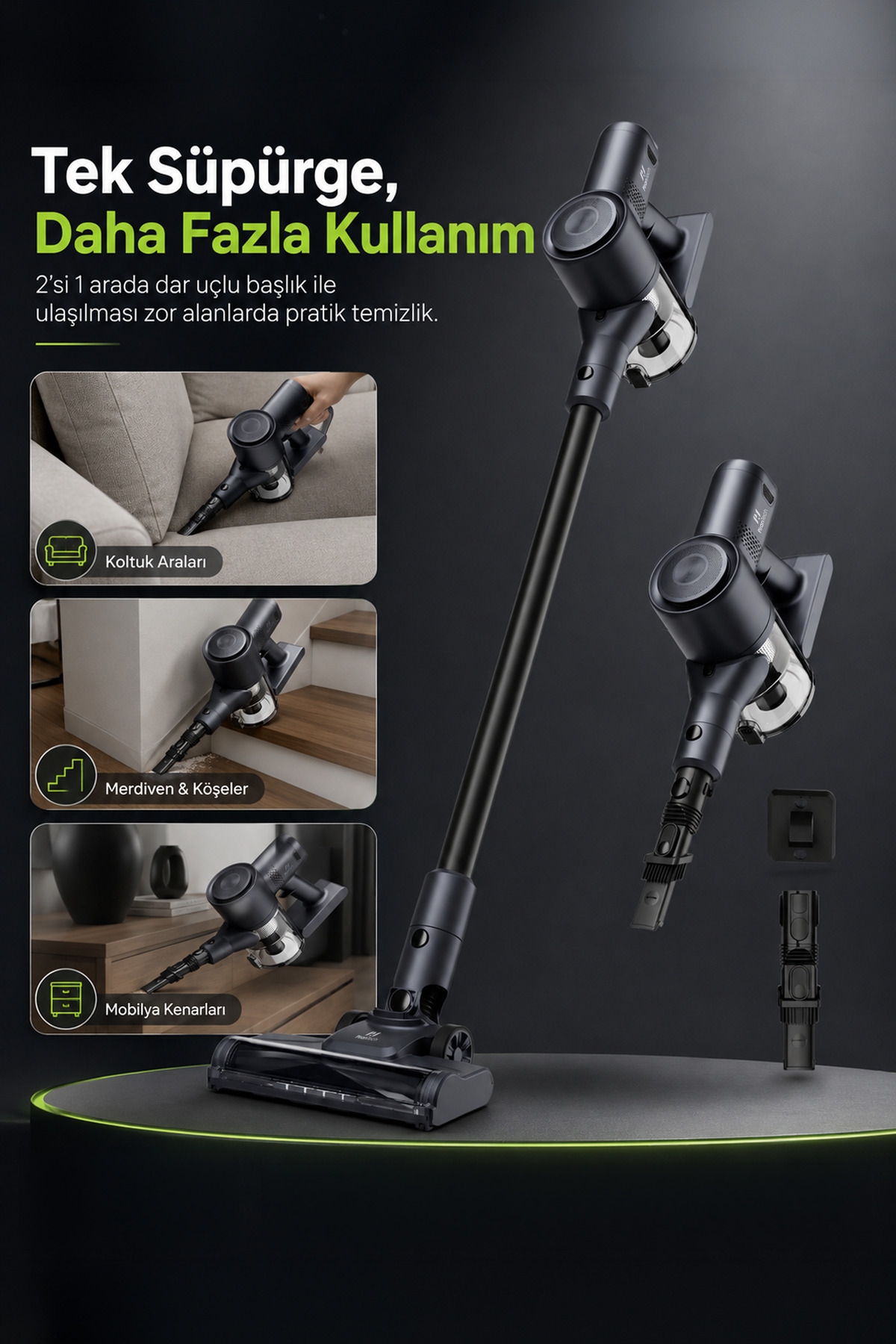 Koyu arka planda aksesuarları ve kullanım örnekleriyle siyah kablosuz elektrikli süpürge.