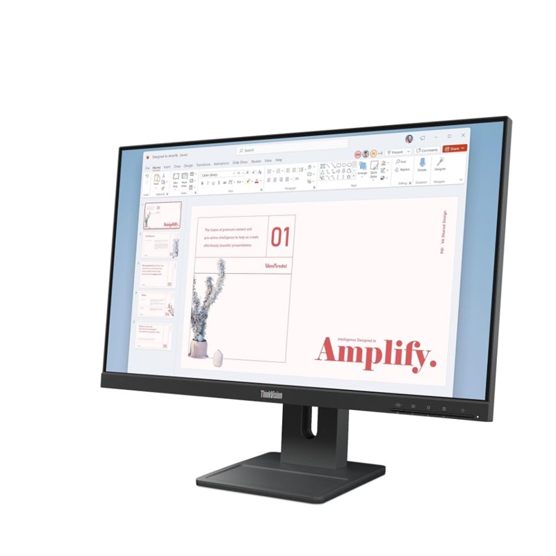 Siyah bir ThinkVision monitör, beyaz arka planda hafifçe açılı bir şekilde ekranında sunum yazılımı gösteriyor.