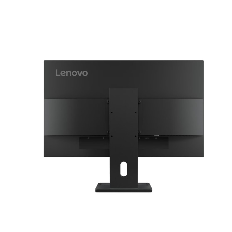 Beyaz arka planda standlı siyah bir Lenovo bilgisayar monitörünün arka görünümü.