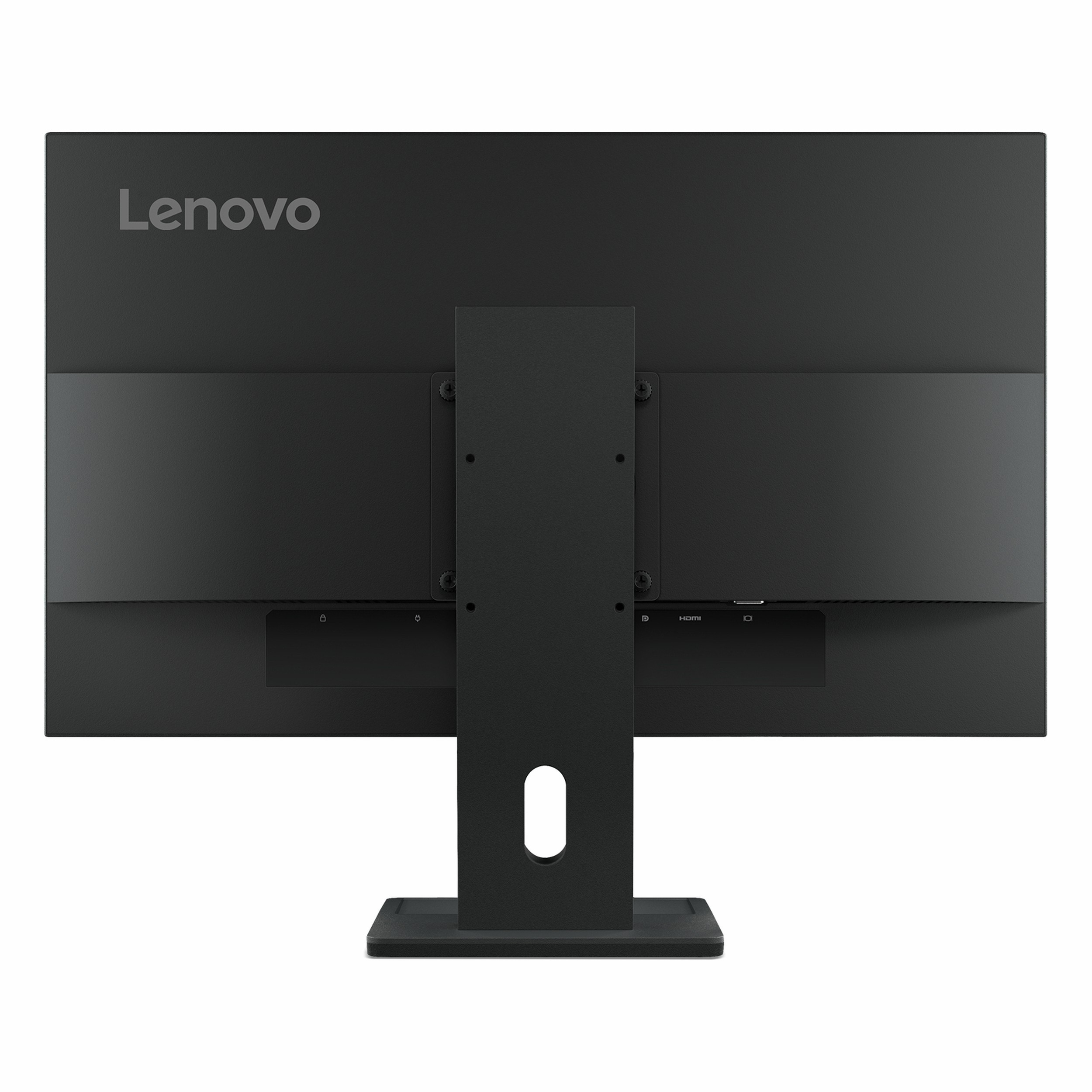 Standı ve bağlantı noktaları görünen siyah bir Lenovo bilgisayar monitörünün arkadan görünümü.