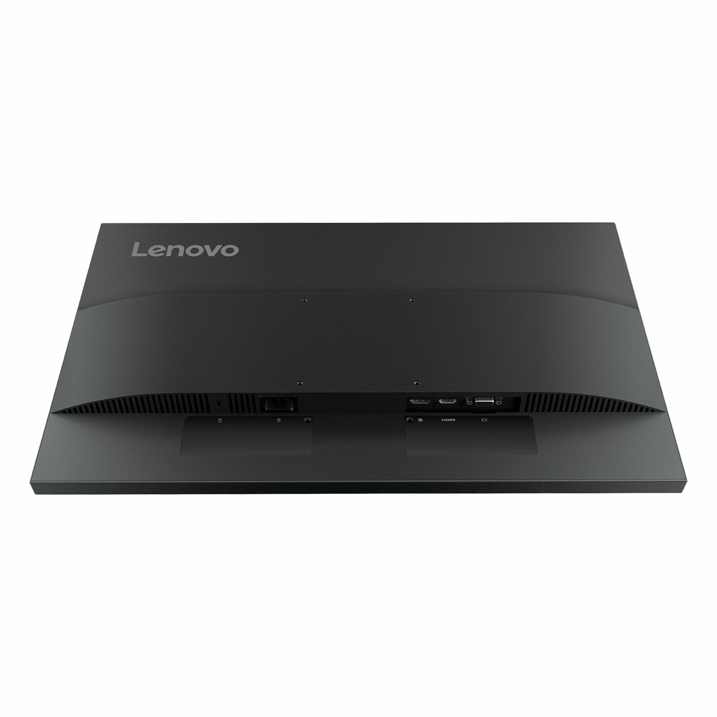 Bağlantı portları ve VESA montaj delikleri görünen siyah bir Lenovo monitörün arkası.