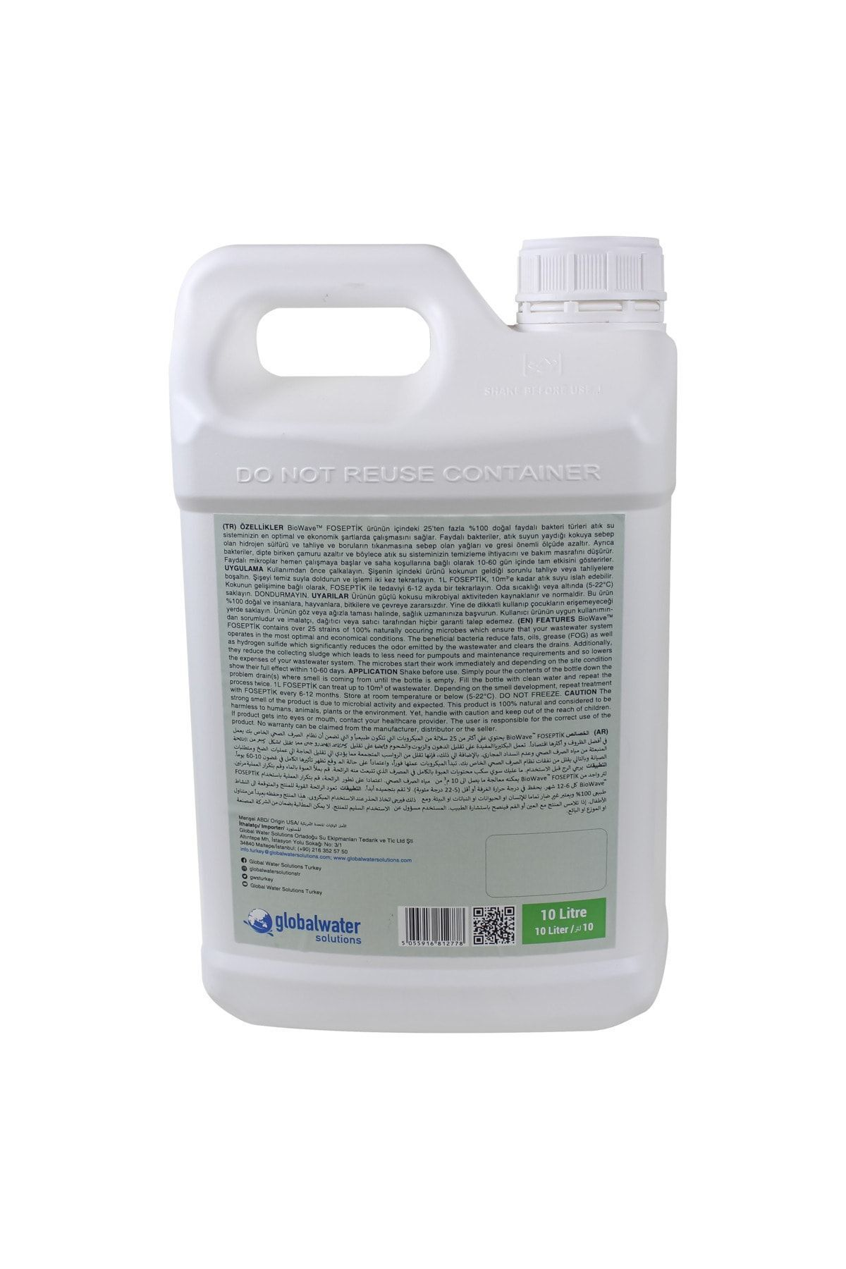 Beyaz arkaplanda çok dilli etiketli ve yeşil şirket logolu beyaz 10 litrelik plastik bidon.