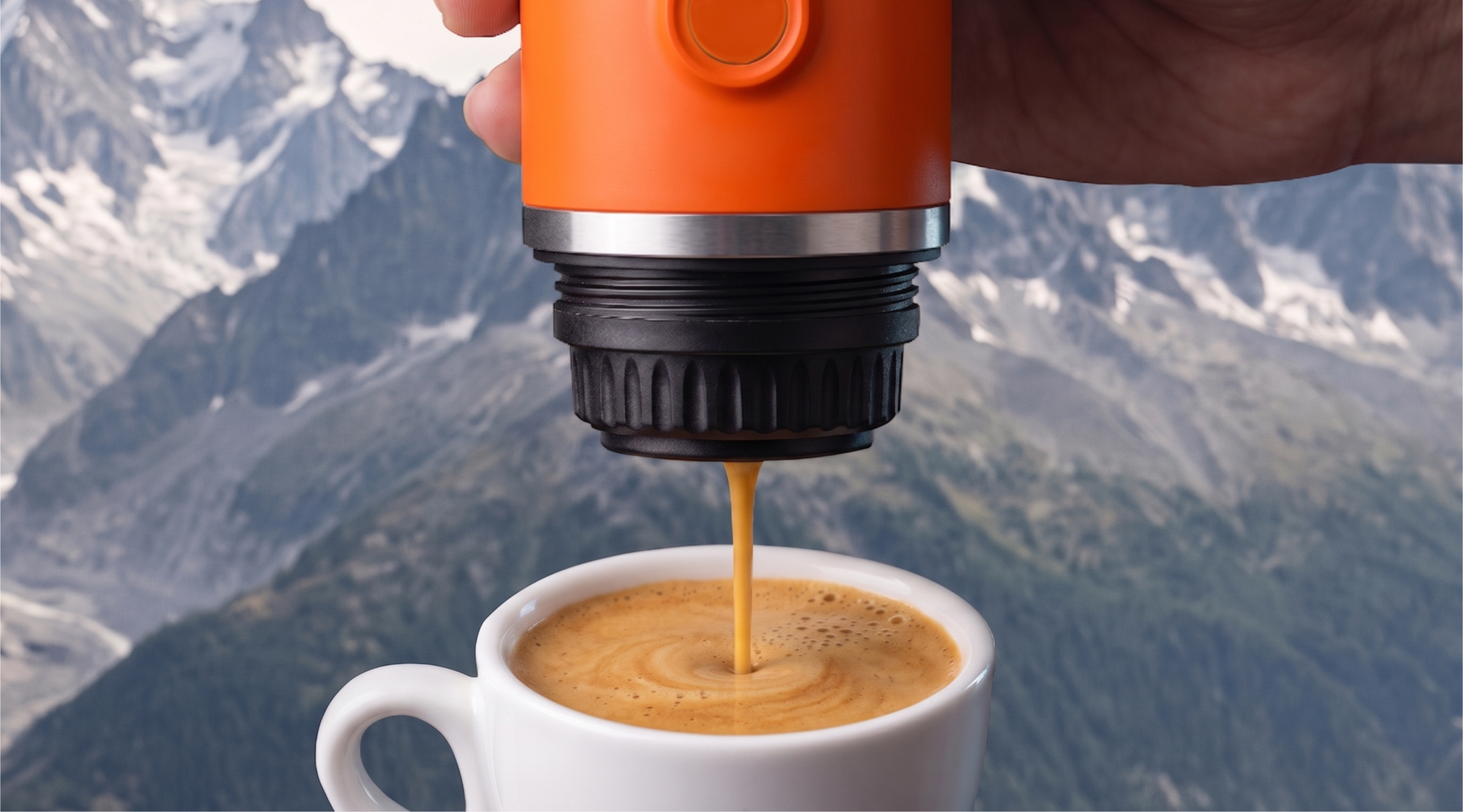 Ręka trzyma pomarańczowy ekspres, wlewający espresso do białej filiżanki na tle gór.