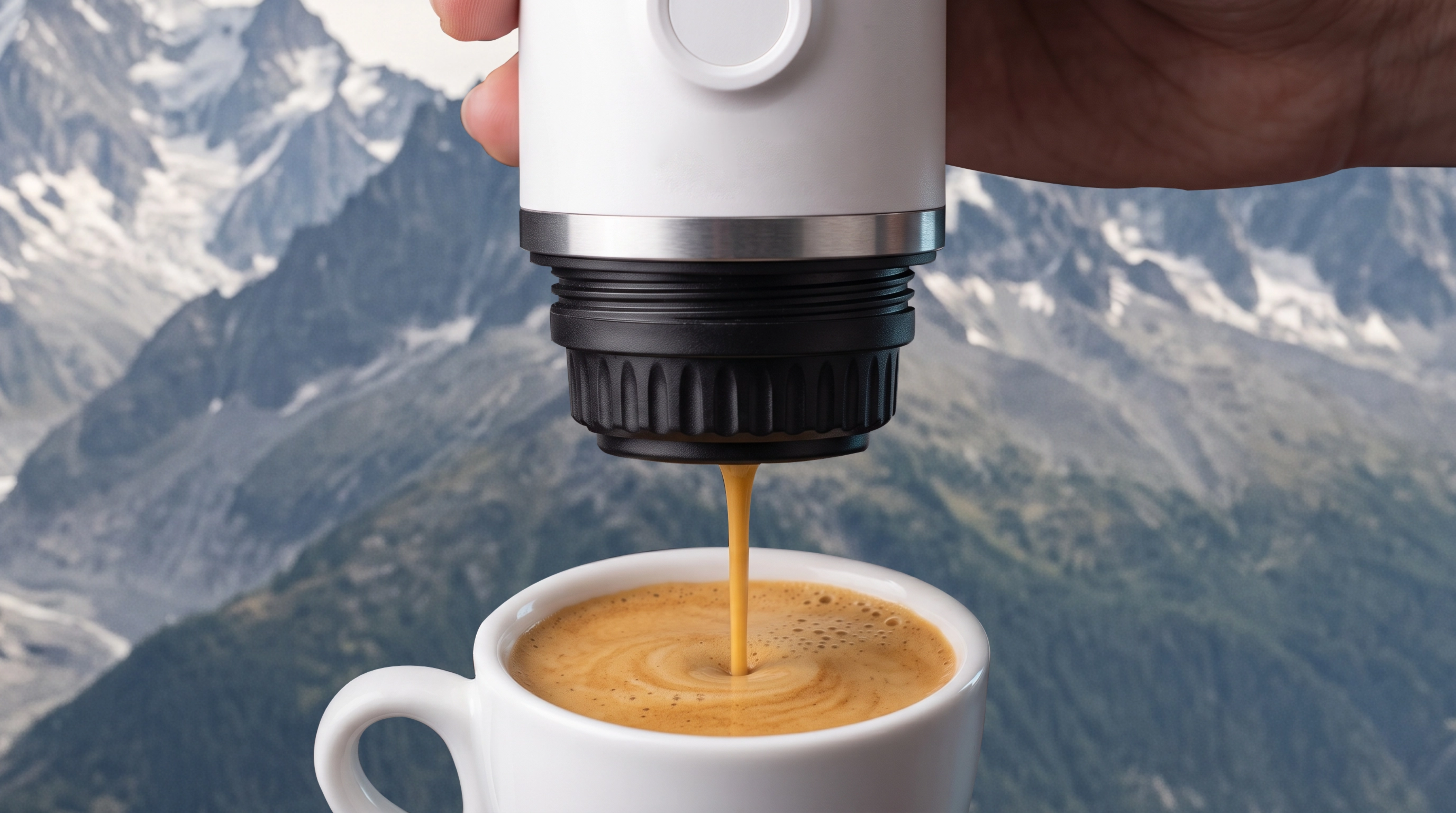 Przenośny ekspres do kawy nalewa espresso do białego kubka na tle zaśnieżonych gór.
