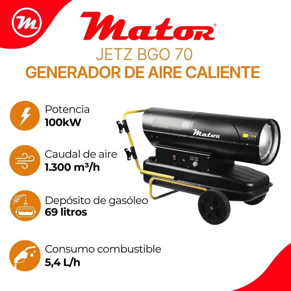 Generador de aire caliente Mator JETZ BGO 70 en negro con especificaciones a la izquierda.