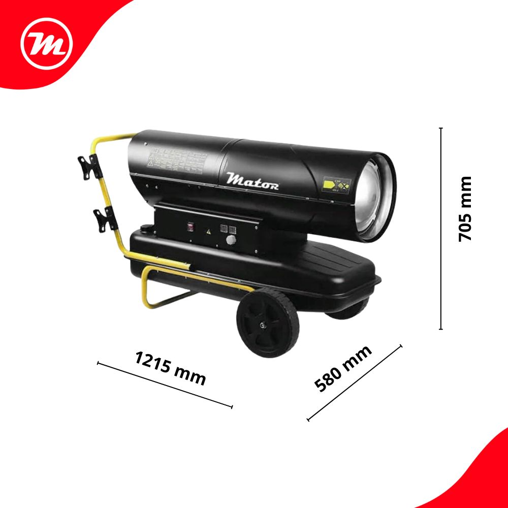 Calefactor industrial negro con ruedas y mango amarillo, mostrado con medidas de dimensiones.