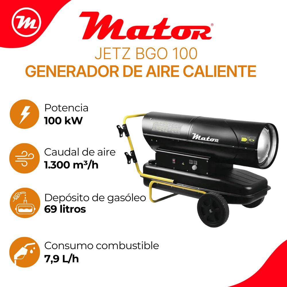 Generador de aire caliente Mator Jetz BGO 100 con especificaciones y equipo negro con ruedas.