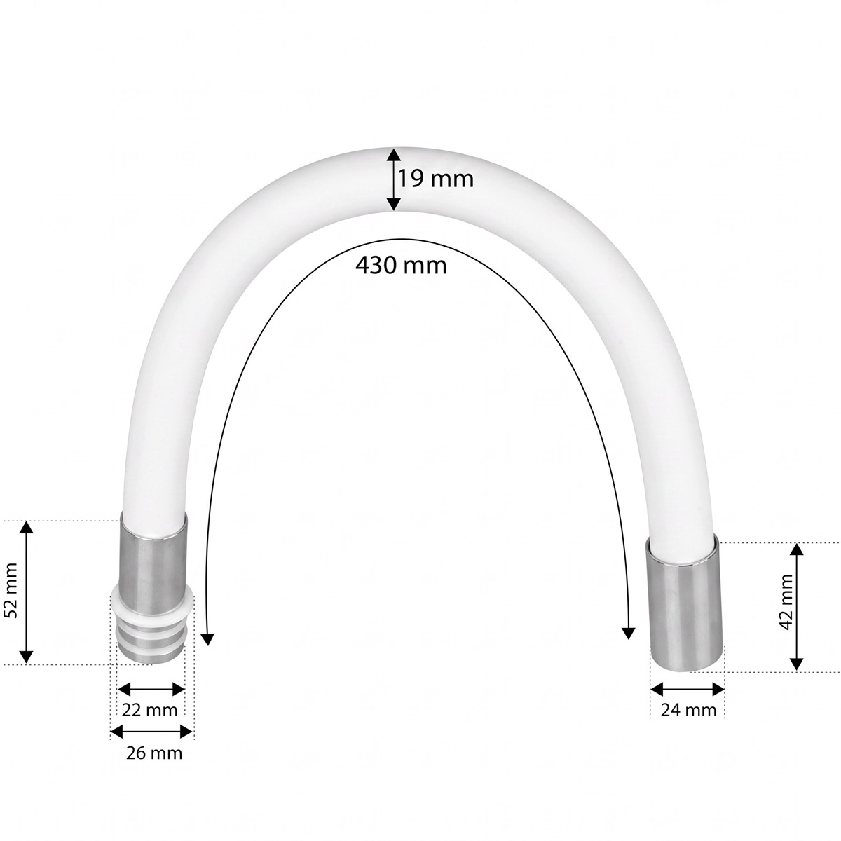 Íves fehér cső diagramja méretekkel, mint a 430 mm hossz és 19 mm átmérő fehér háttéren.