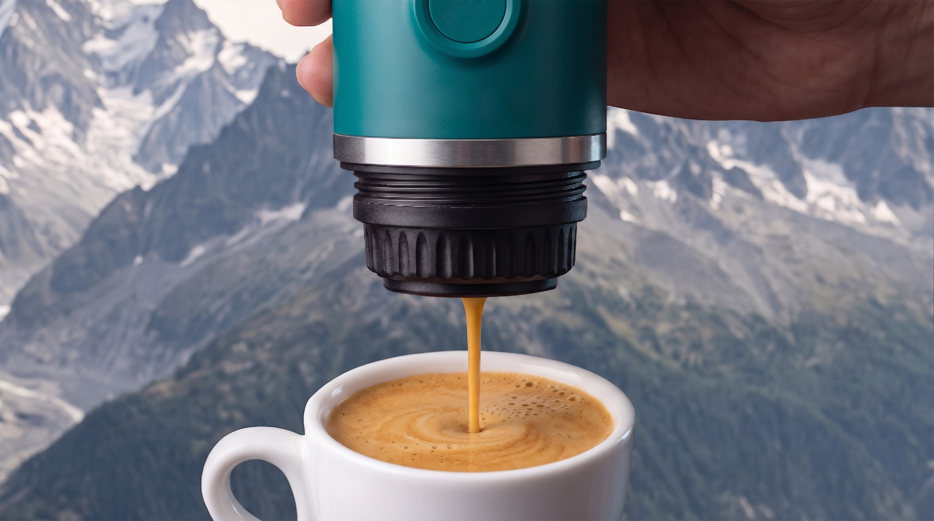 Dłoń trzyma turkusowy ekspres do kawy przelewający espresso do białego kubka na tle gór.