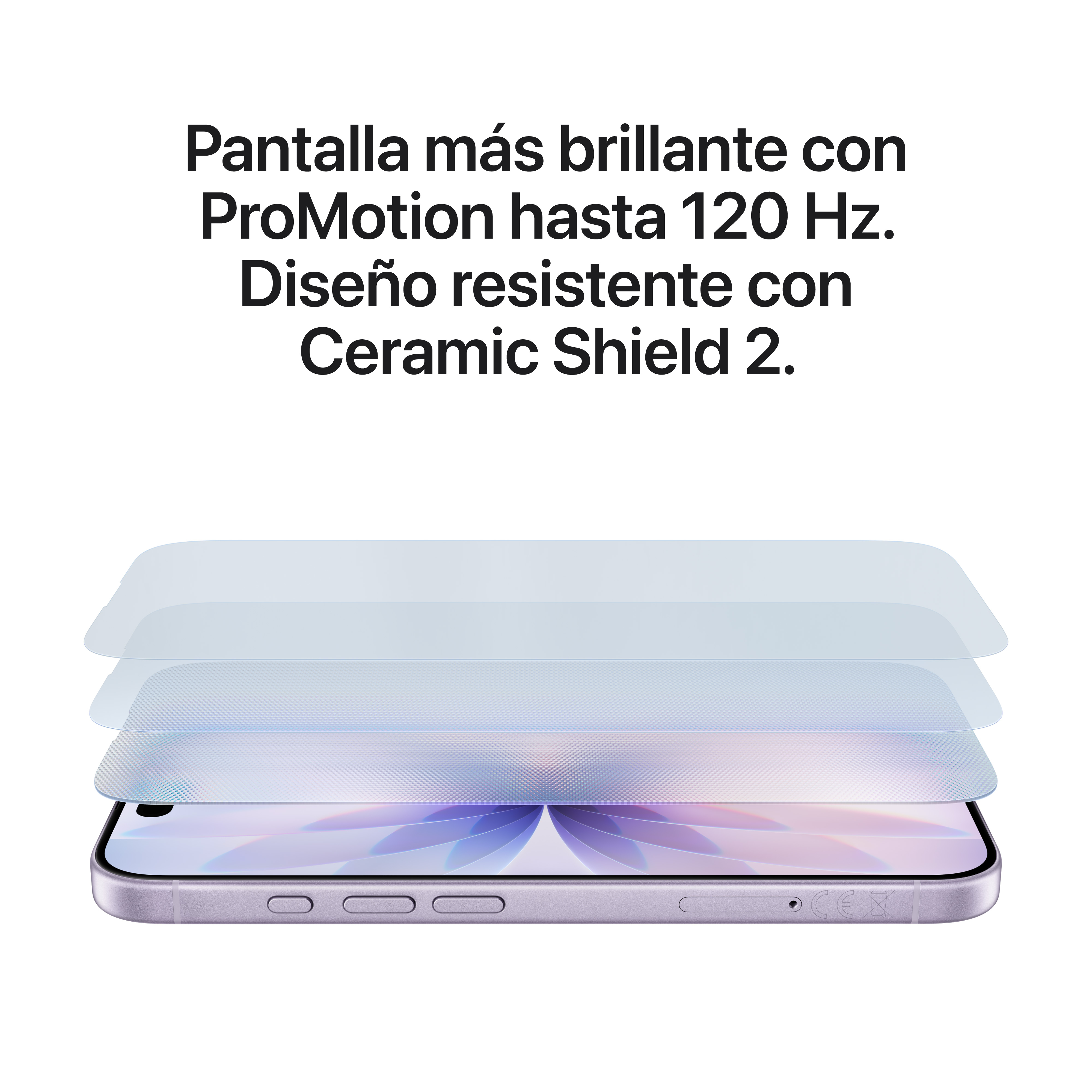 Grafik eines Smartphones mit transparenten Schutzschichten darüber und spanischem Werbetext.