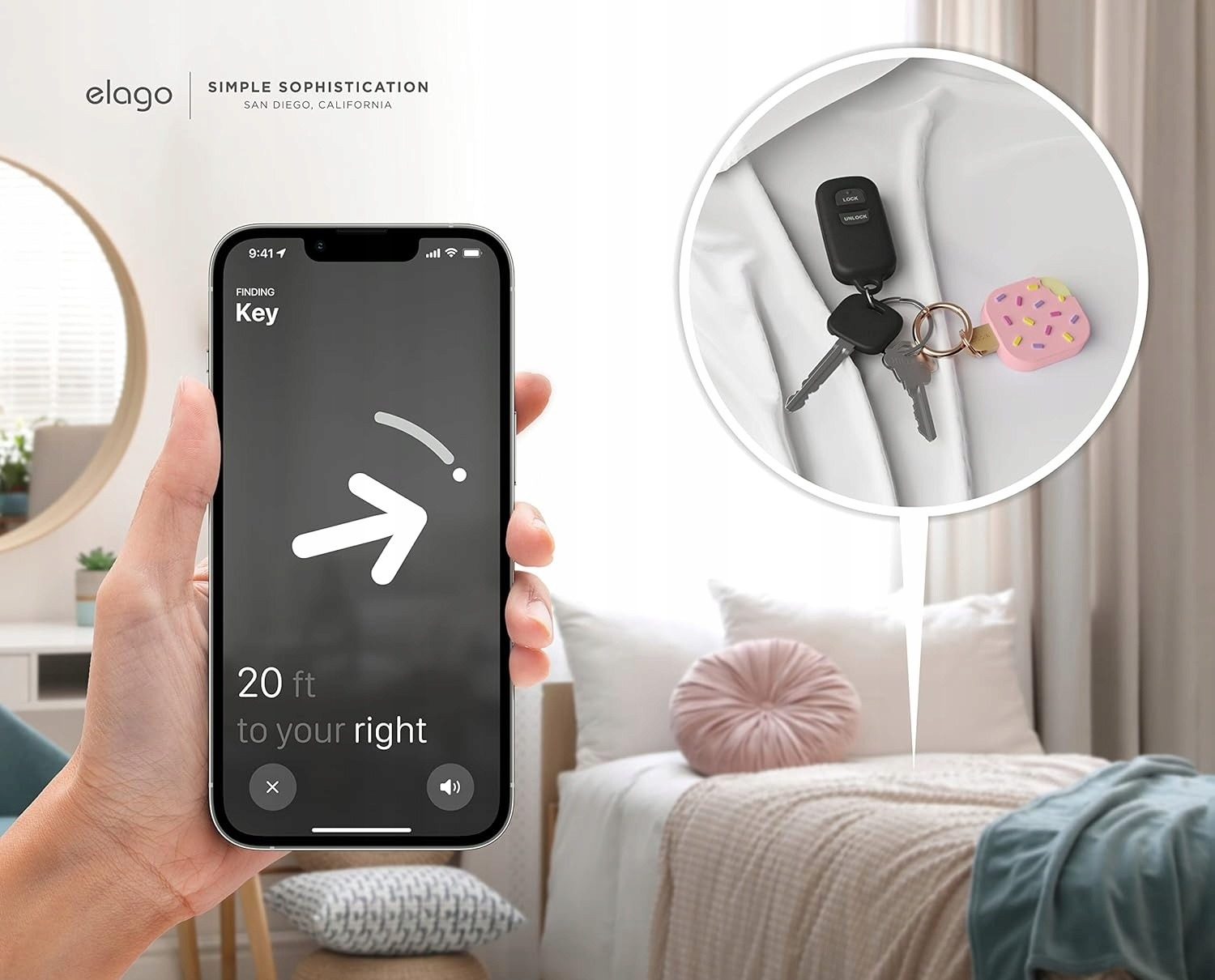 Smartfon pokazuje aplikację do lokalizowania kluczy wskazującą '20 stóp w prawo'.