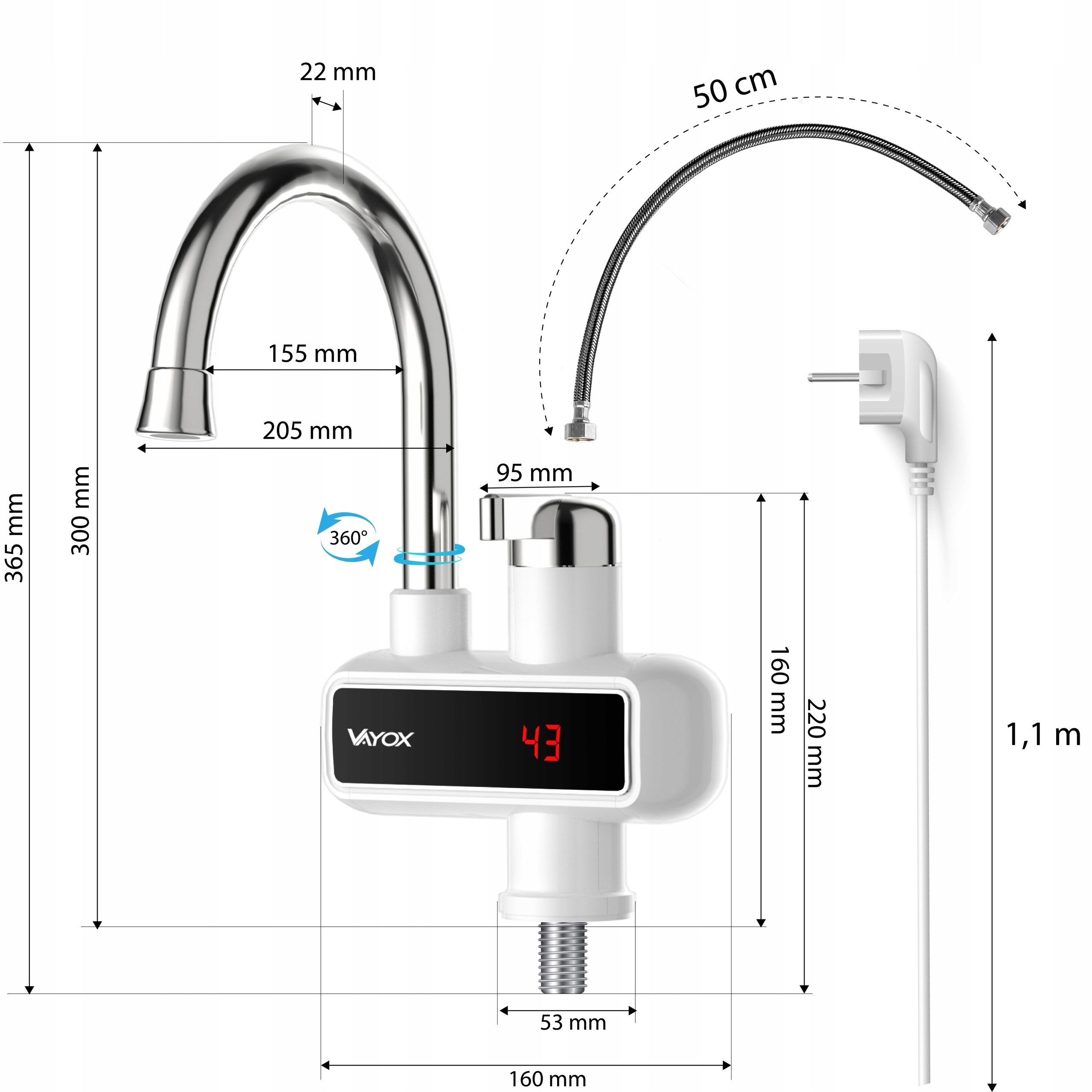 Elektromos vízcsap műszaki rajza méretekkel, tömlővel és tápkábellel.