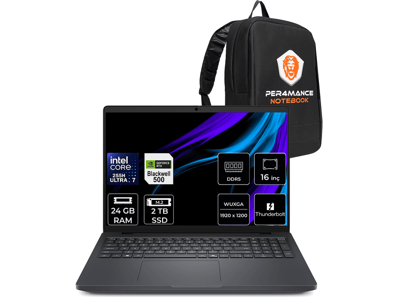 DELL Pro Max 16 RTX Pro 500 6GB FHD+ MC16250P316 Intel Core Ultra 7 255H 24 GB RAM 2 TB SSD 16 inç FreeDOS Laptop+Çanta Siyah
