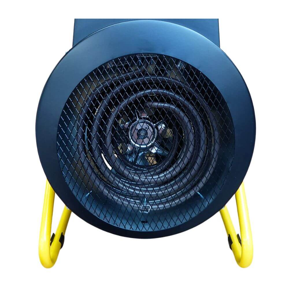 Un calefactor industrial negro con rejilla de seguridad y soportes amarillos sobre fondo blanco.