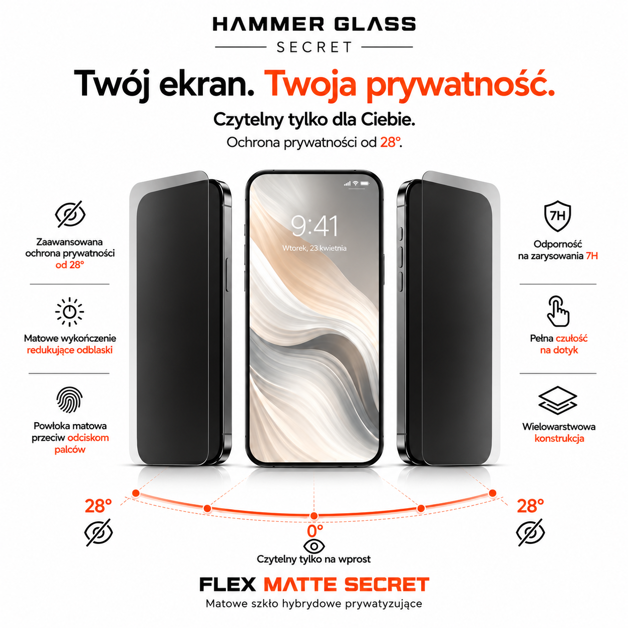 Smartfon z prywatną folią ochronną i matowym wykończeniem, otoczony ikonami funkcji.