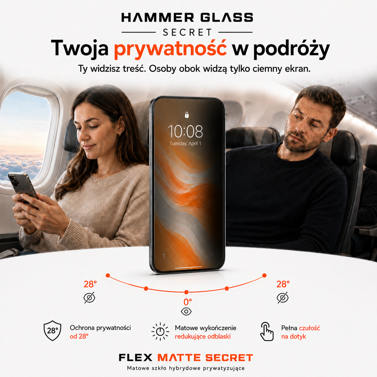 Mężczyzna w samolocie próbuje podejrzeć telefon kobiety z szybą prywatyzującą, która sprawia, że ekran jest ciemny z boku.