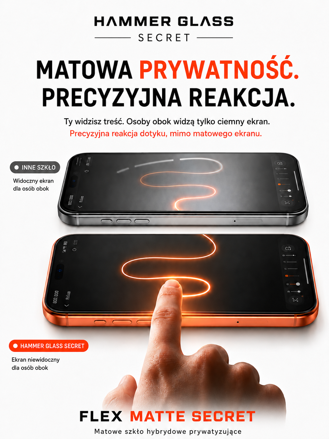 Reklama Hammer Glass Secret przedstawiająca smartfony z matowym szkłem prywatyzującym.