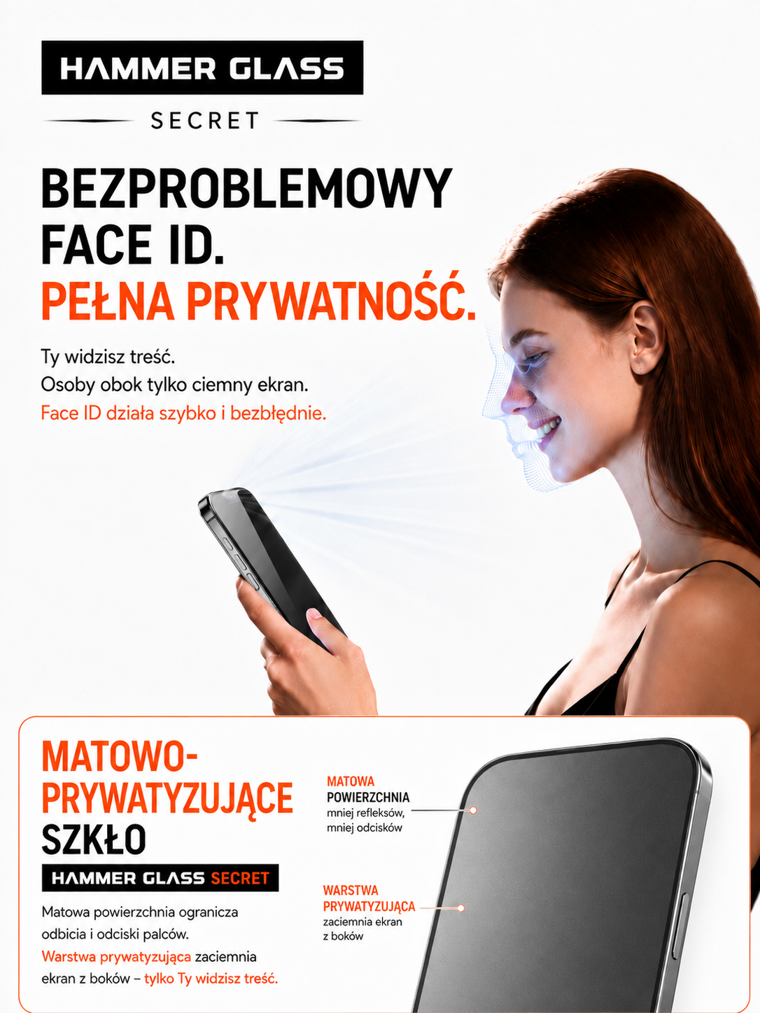 Kobieta używa rozpoznawania twarzy w smartfonie ze szkłem prywatności.