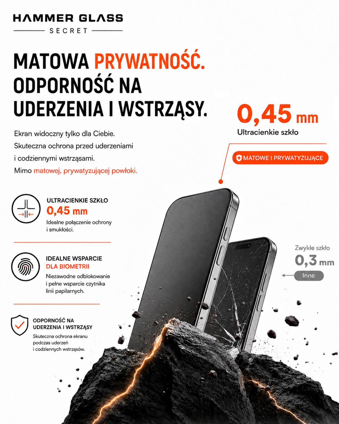 Plakat reklamowy Hammer Glass Secret przedstawiający dwa smartfony na czarnej skale, otoczone tekstem i ikonami.