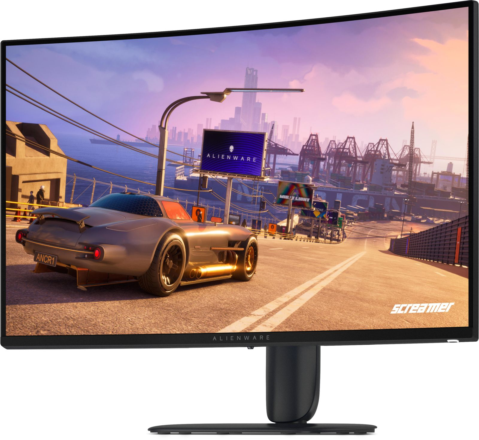 Un monitor curvo mostra una scena di gioco di corse futuristica con un'auto sportiva, un porto e una città sullo sfondo.