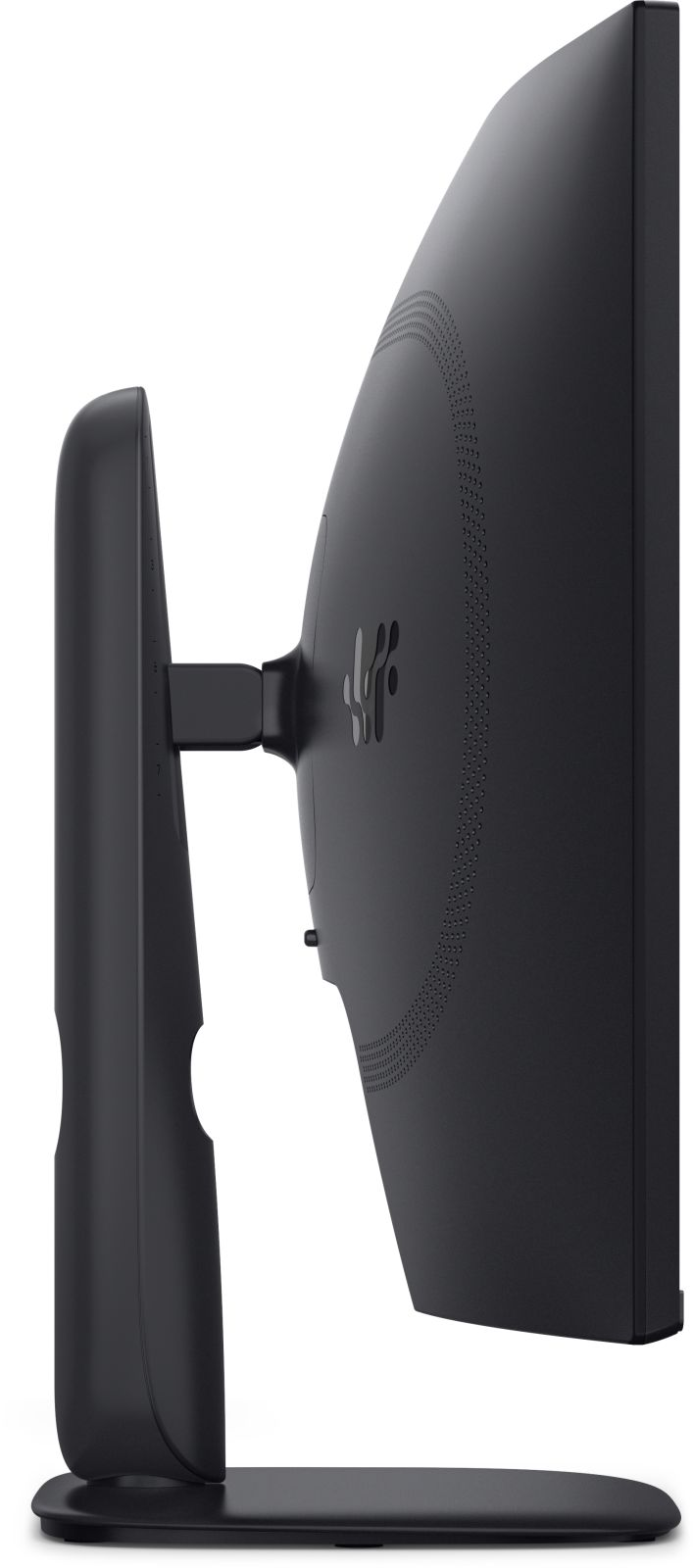 Vista laterale di un monitor di computer nero su supporto con sfondo bianco.