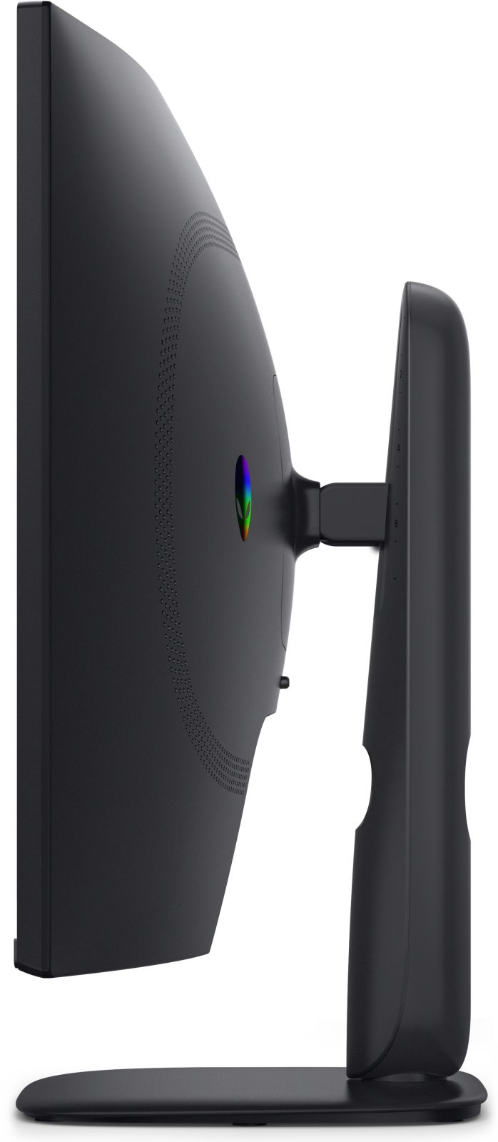 Un monitor curvo nero visto di lato, montato su supporto con logo luminoso.