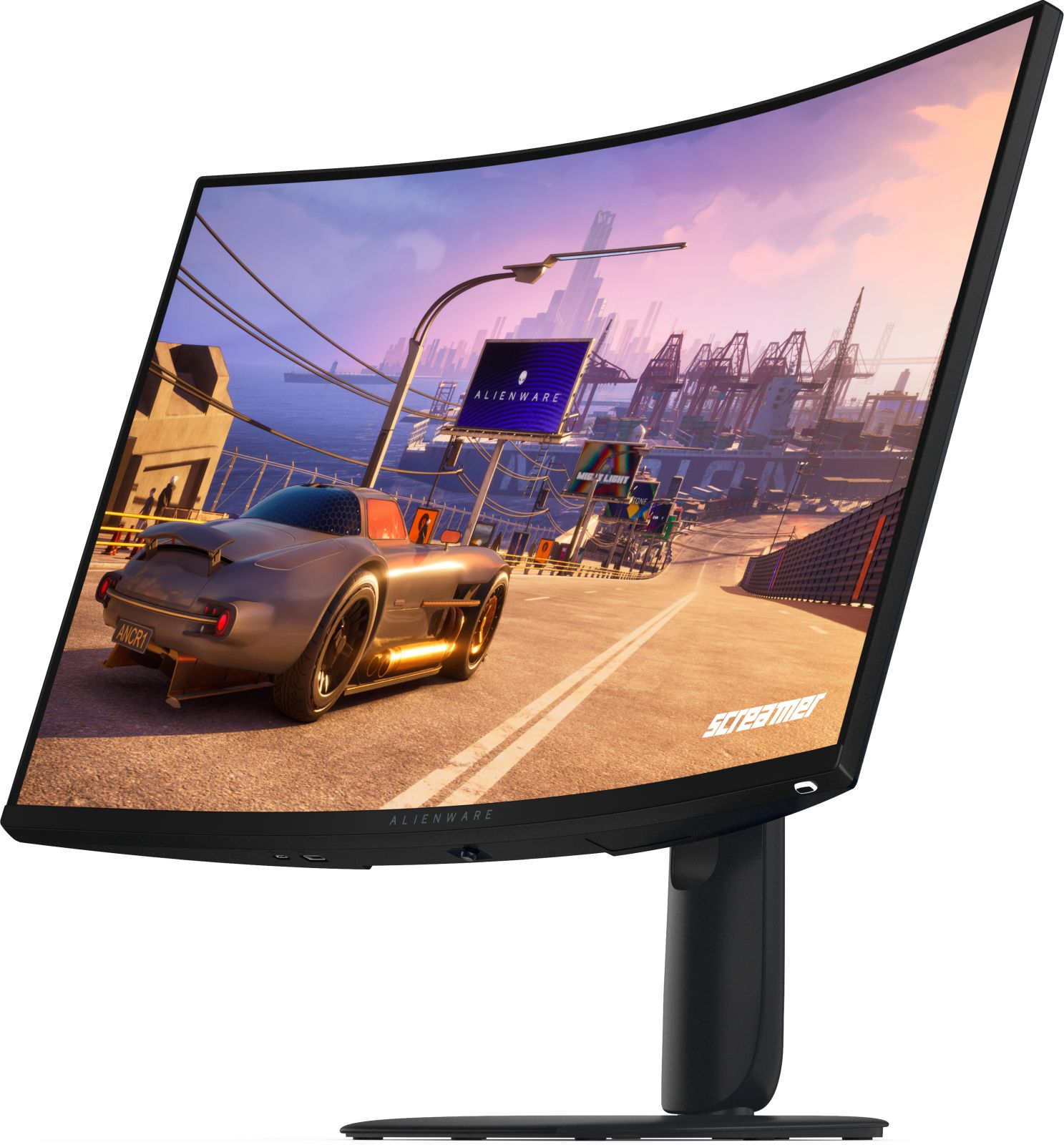 Un monitor Alienware curvo mostra un gioco di corse con un'auto grigia e uno sfondo cittadino.