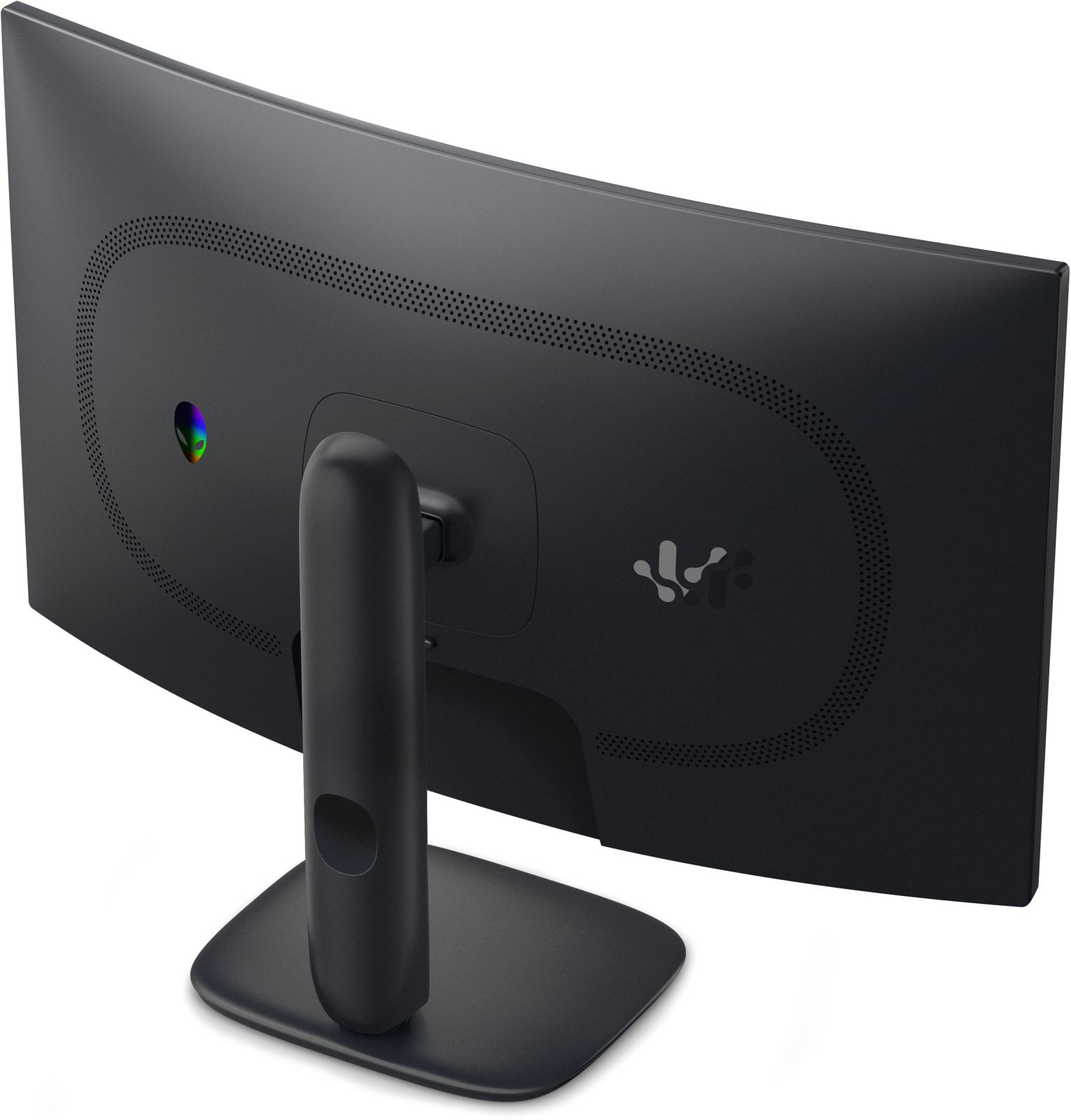 Vista posteriore di un monitor curvo nero con supporto su sfondo bianco.