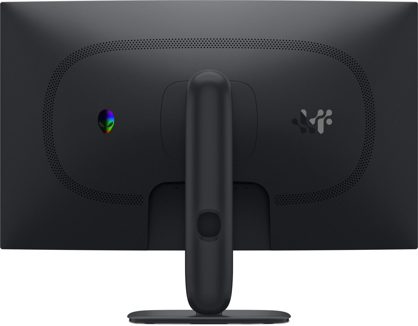 Vista posteriore di un monitor nero con supporto, un logo alieno colorato a sinistra e un altro logo a destra.
