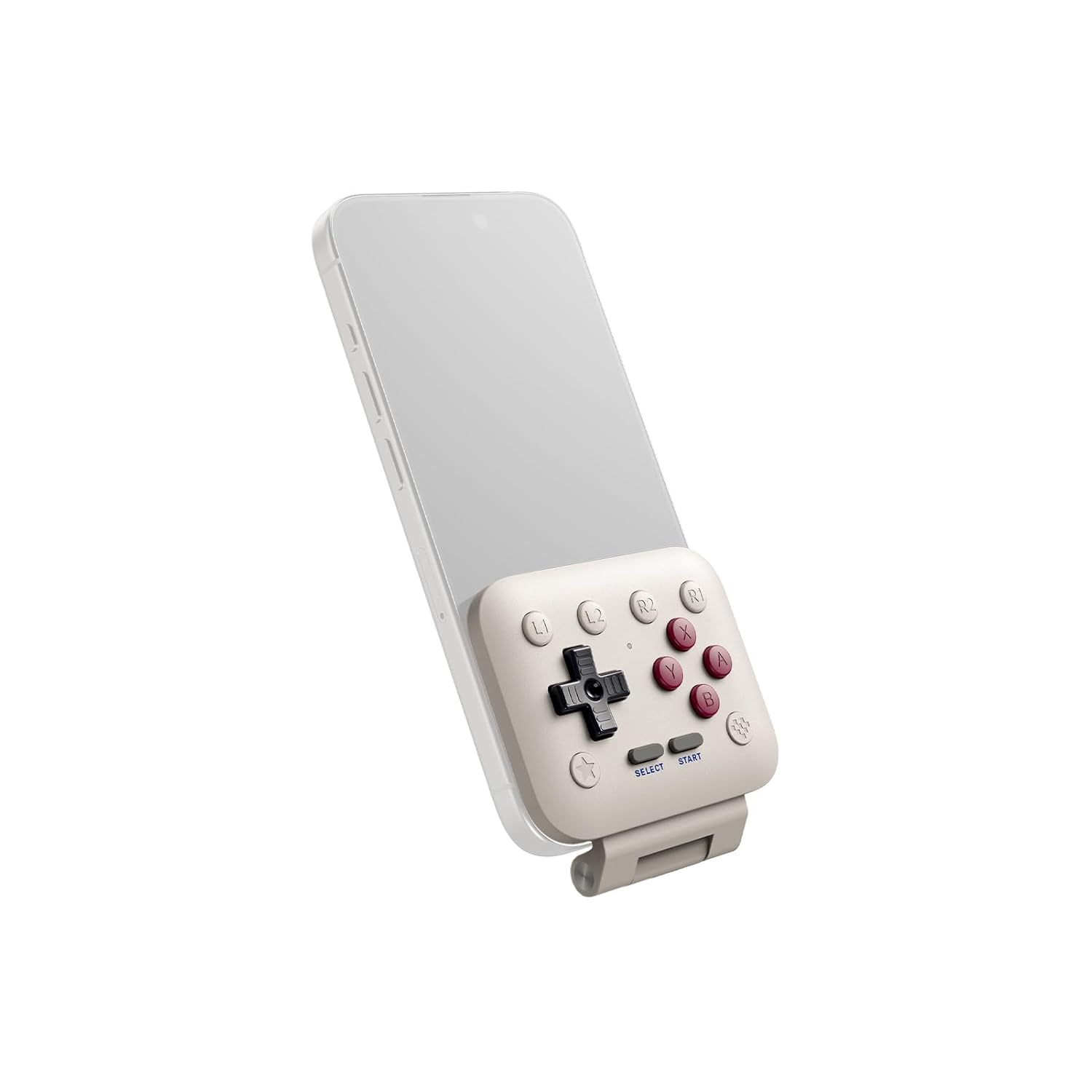 Biały smartfon z beżowo-czerwoną nasadką kontrolera do gier retro na dole, na białym tle.