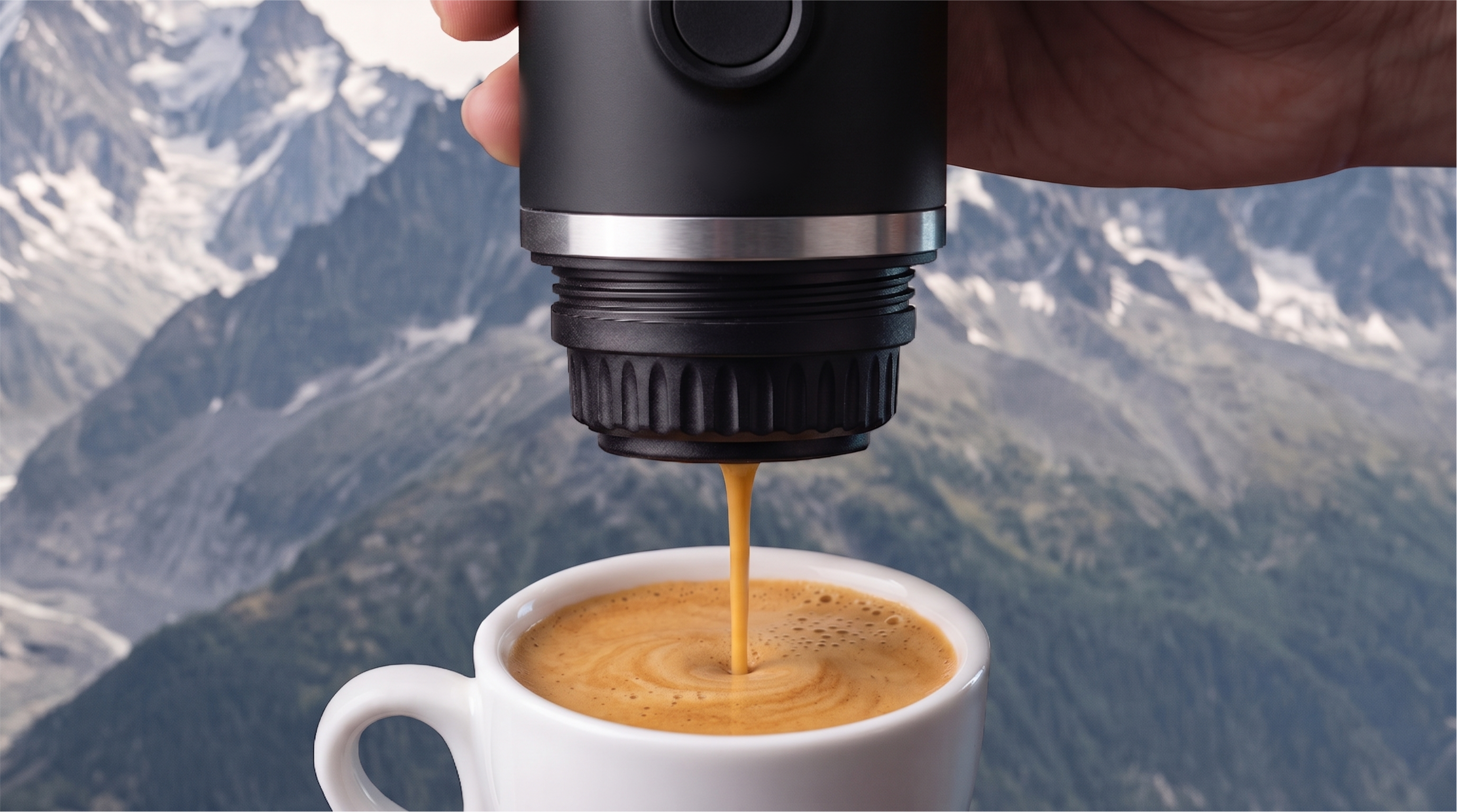 Ręka trzyma przenośny ekspres do kawy nalewający espresso do białego kubka na tle gór.