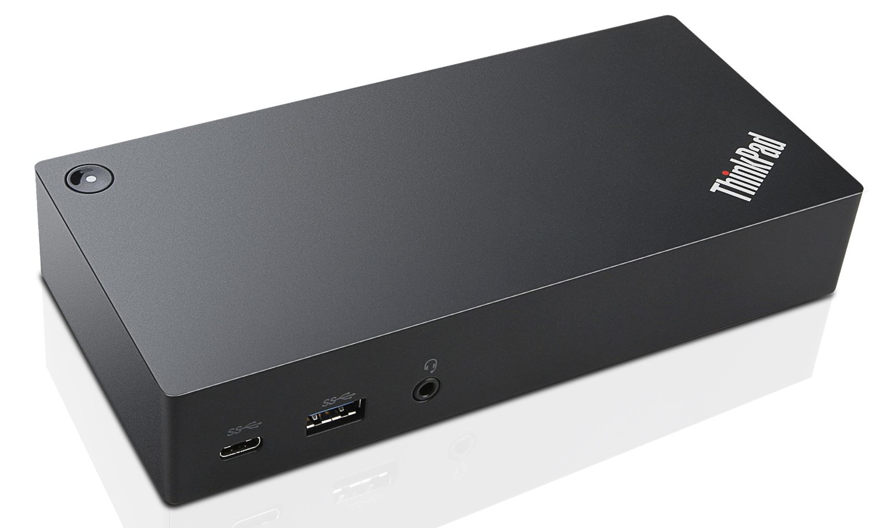 Czarna stacja dokująca ThinkPad z portami USB-C, USB i audio na białej powierzchni.