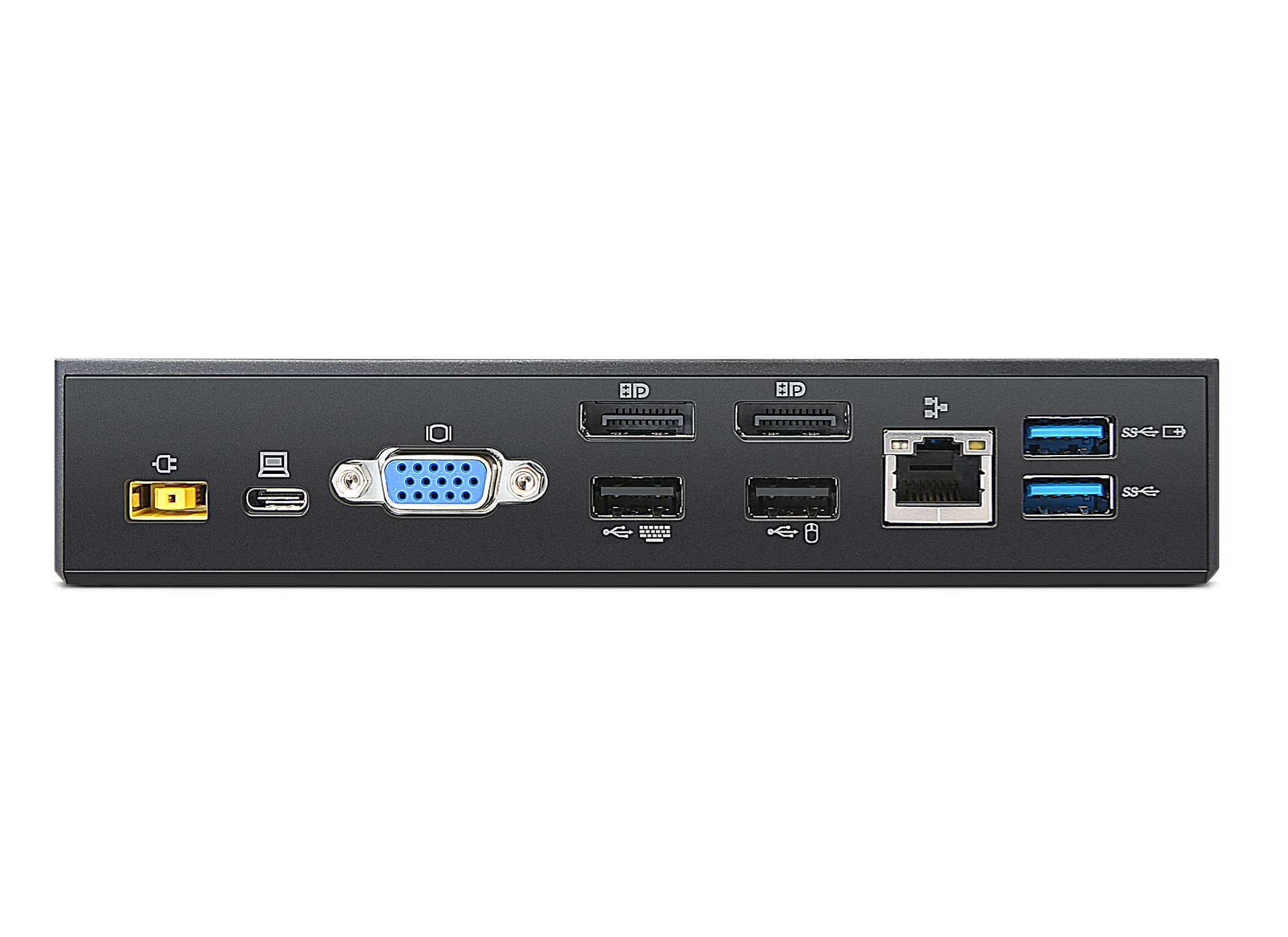 Widok z tyłu stacji dokującej z portami USB, VGA, DisplayPort, Ethernet i zasilania.