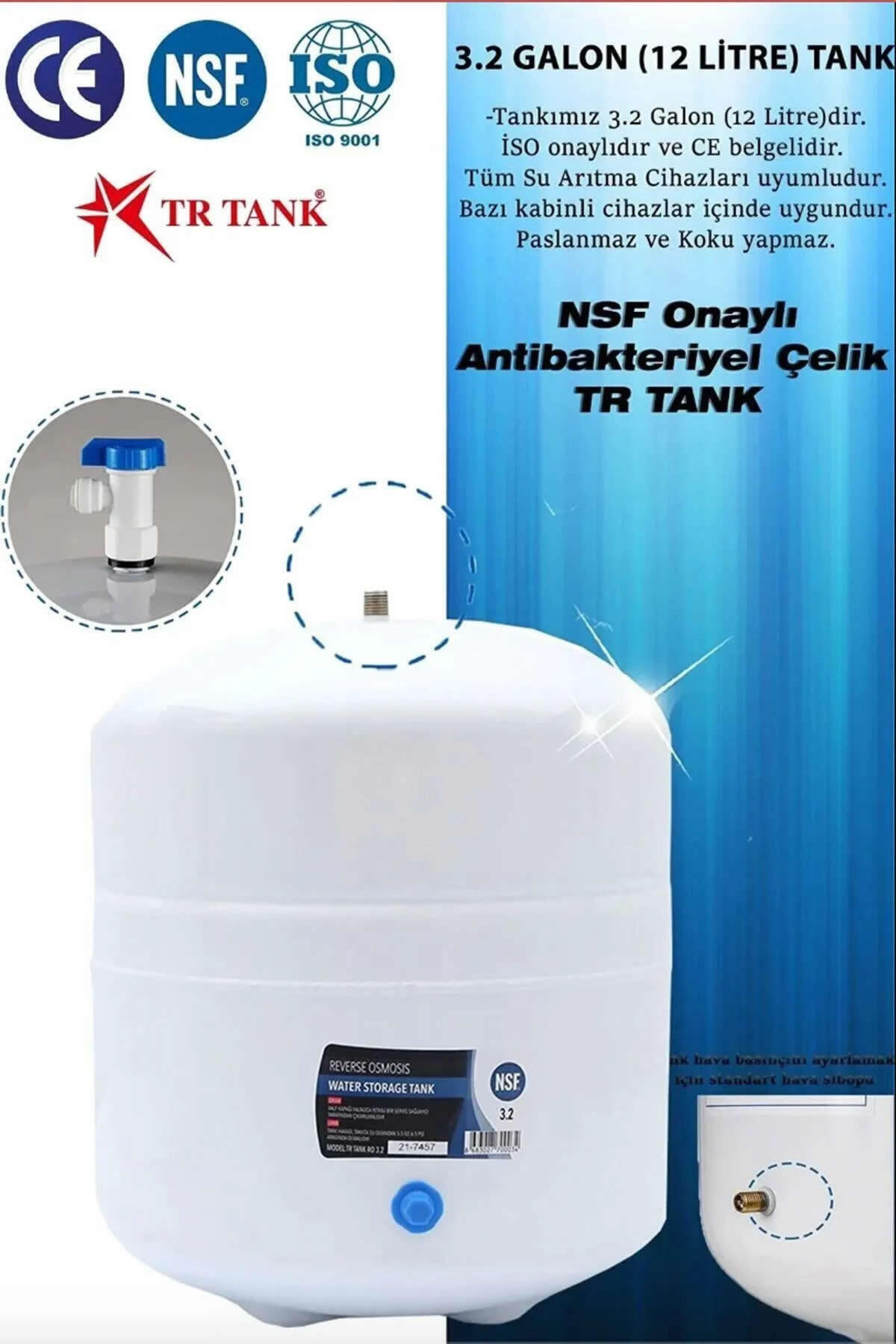 Sertifikalı ve detaylı, 3.2 galonluk beyaz su arıtma tankı.