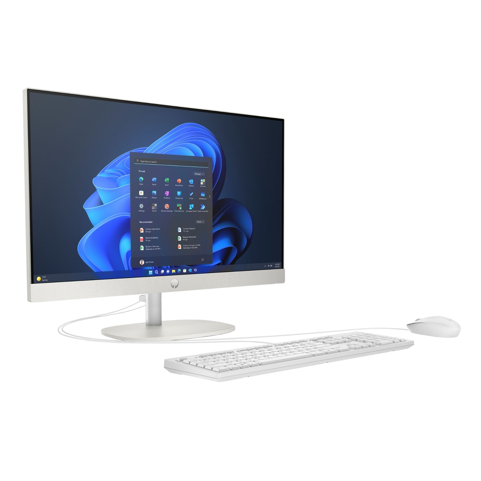 Mavi Windows 11 duvar kağıdına sahip beyaz bir HP hep-bir arada masaüstü bilgisayar, klavye ve fare.