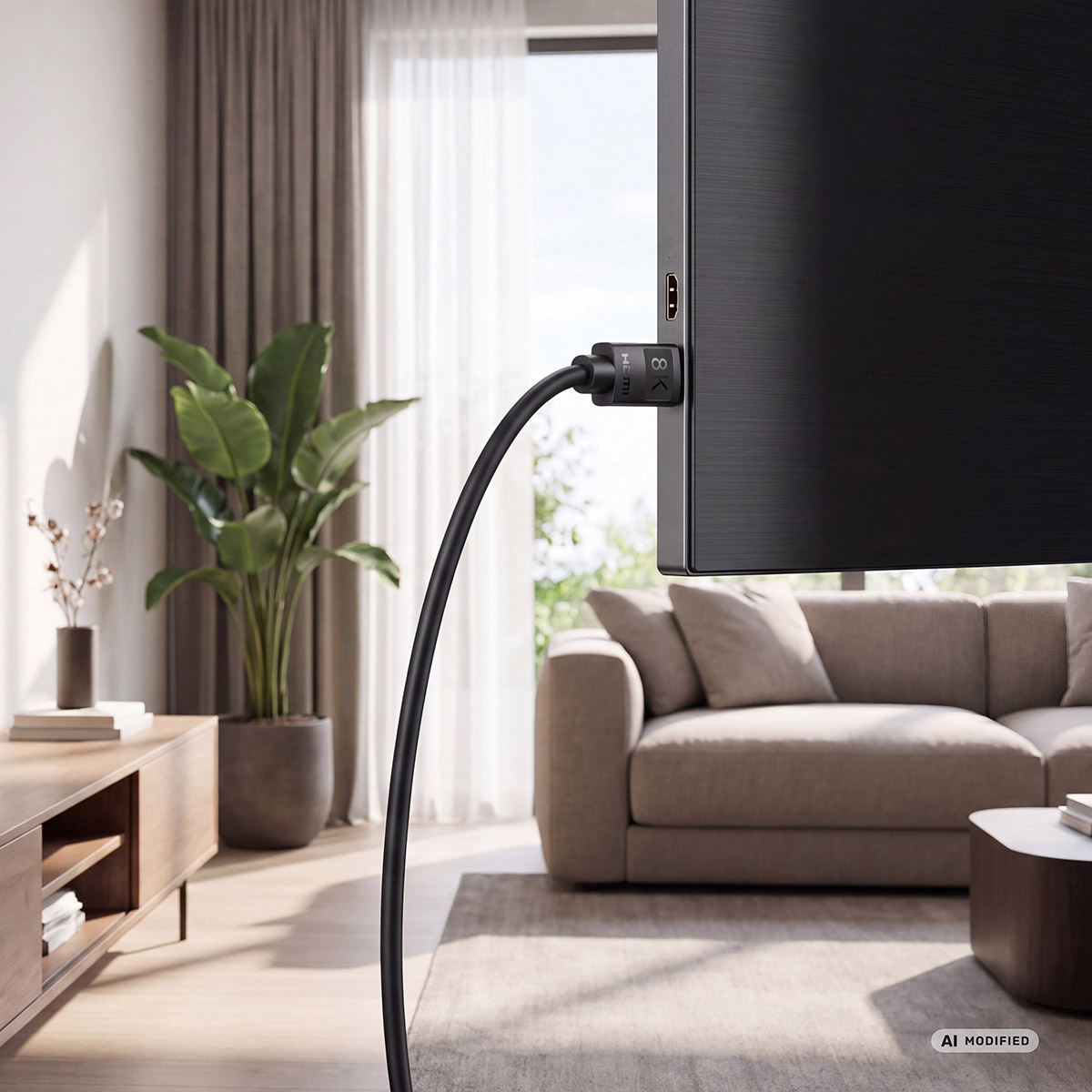 Ein schwarzes HDMI-Kabel wird in die Seite eines Fernsehers in einem hellen Wohnzimmer eingesteckt.