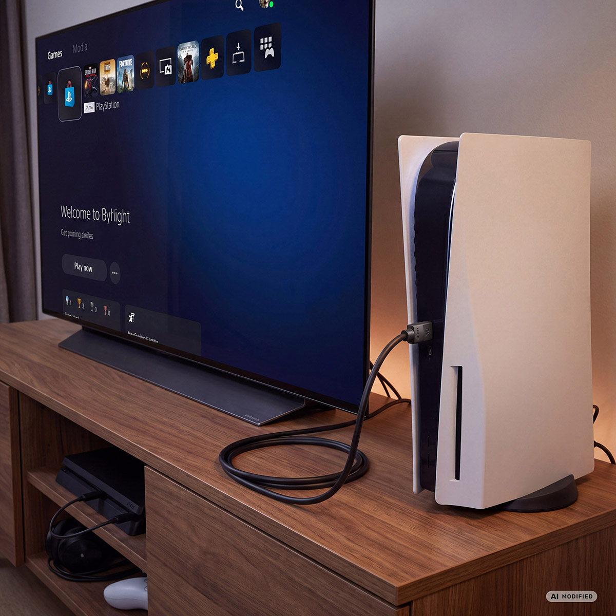 Eine weiße PlayStation 5 Konsole steht auf einem Holzschrank neben einem großen Fernseher mit blauem Menü.