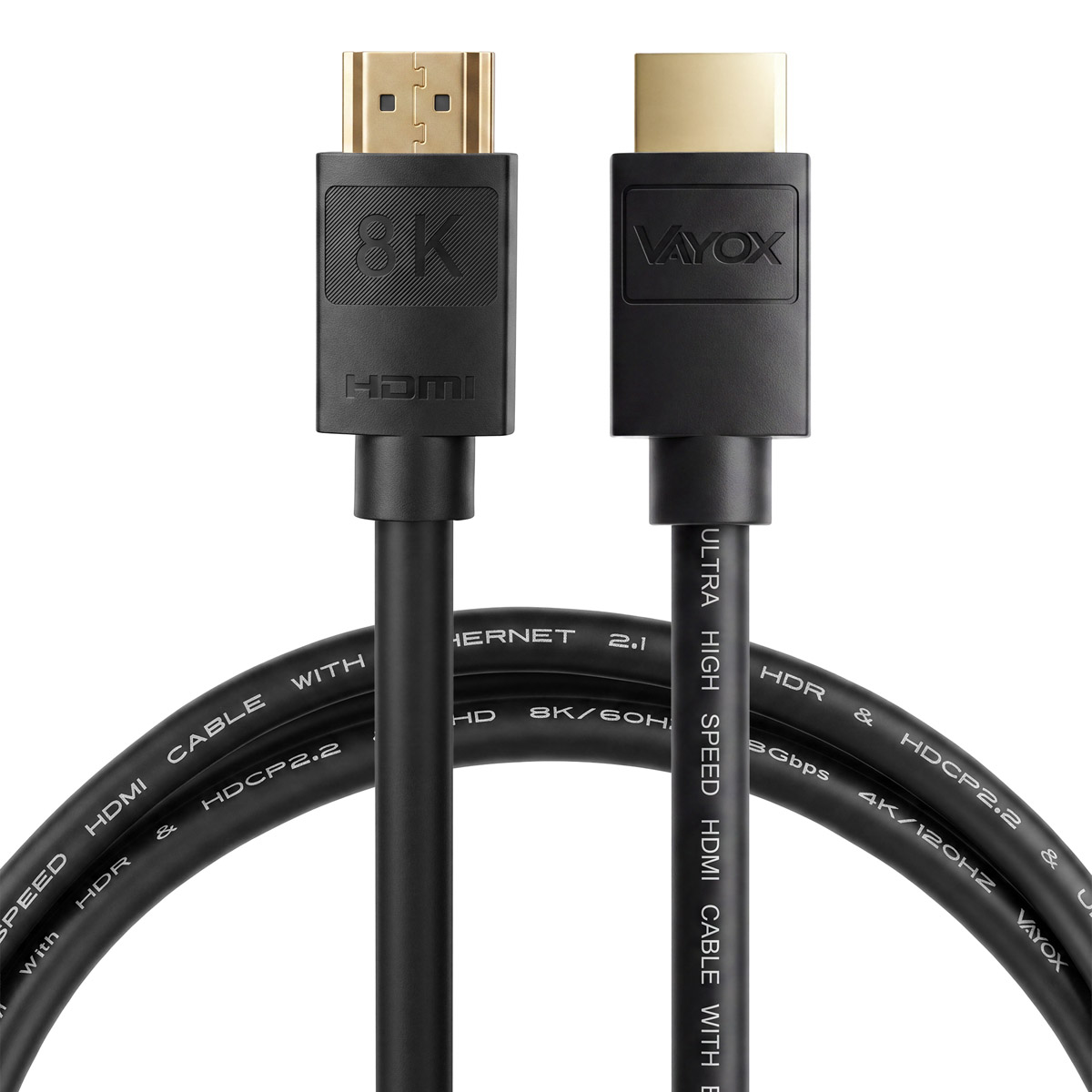 Zwei schwarze Vayox 8K HDMI-Kabel mit vergoldeten Steckern vor weißem Hintergrund.