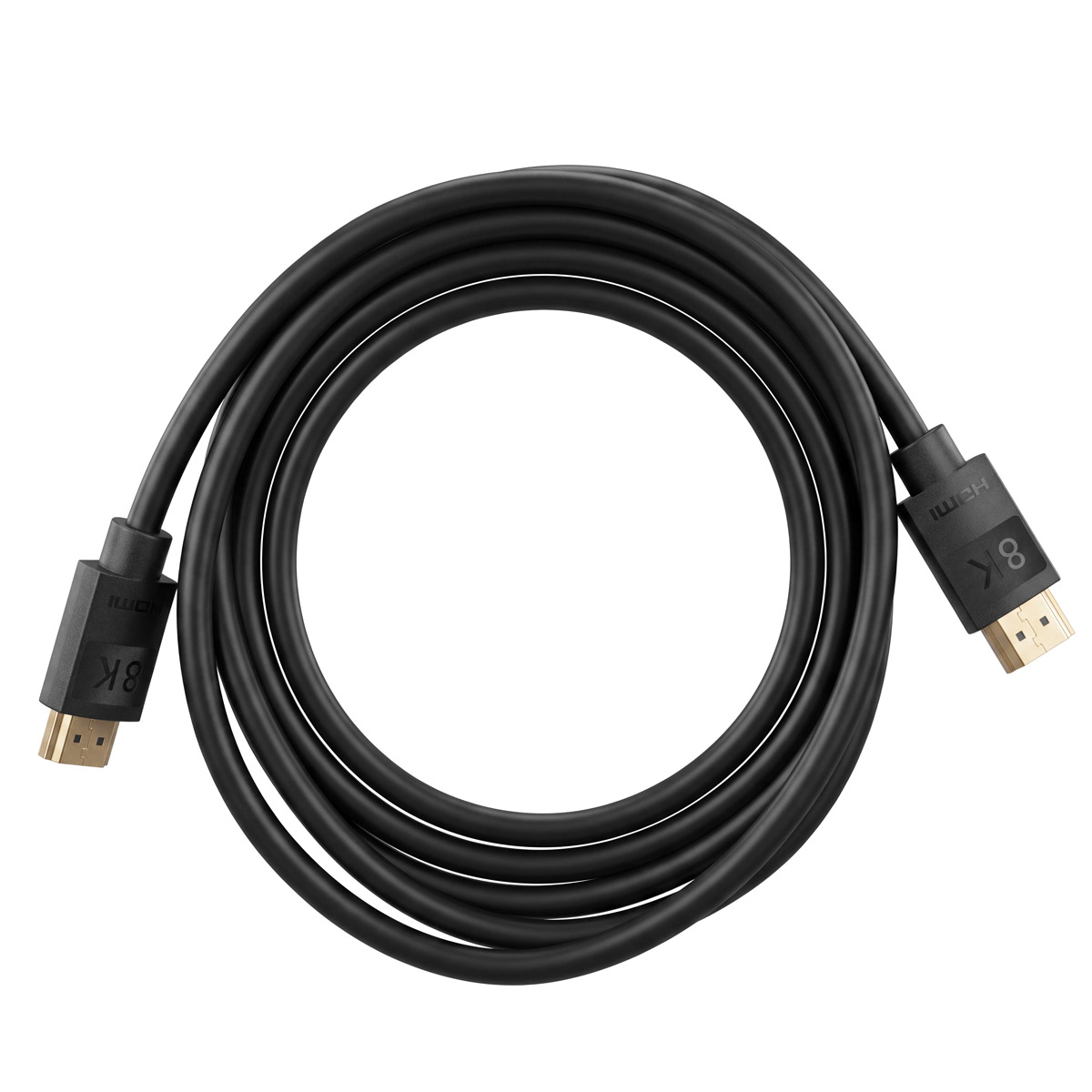 Ein zusammengerolltes schwarzes 8K-HDMI-Kabel mit goldenen Anschlüssen auf weißem Grund.
