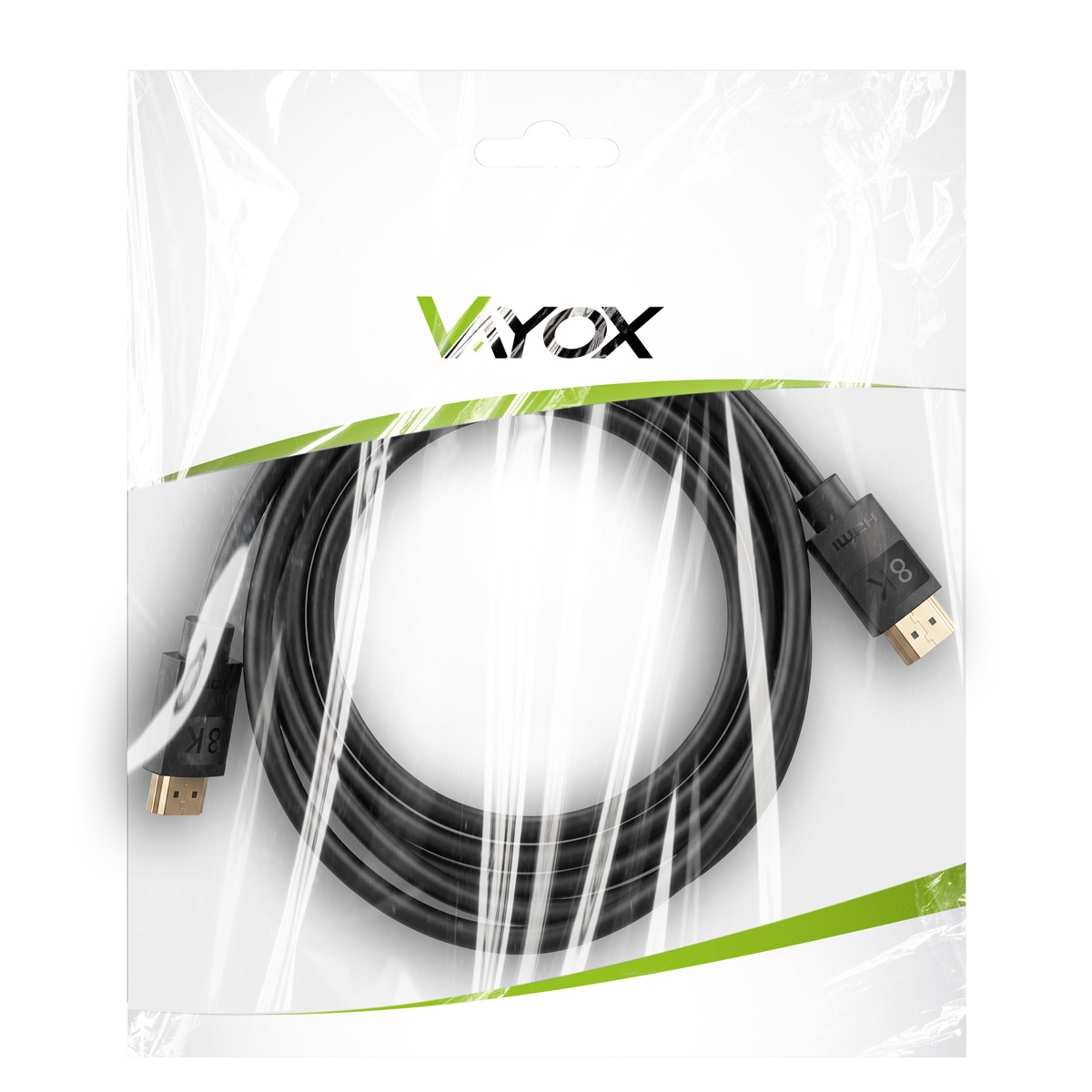 Ein Vayox HDMI-Kabel in Plastikverpackung, aufgerollt auf weißem Hintergrund mit grünen Akzenten.