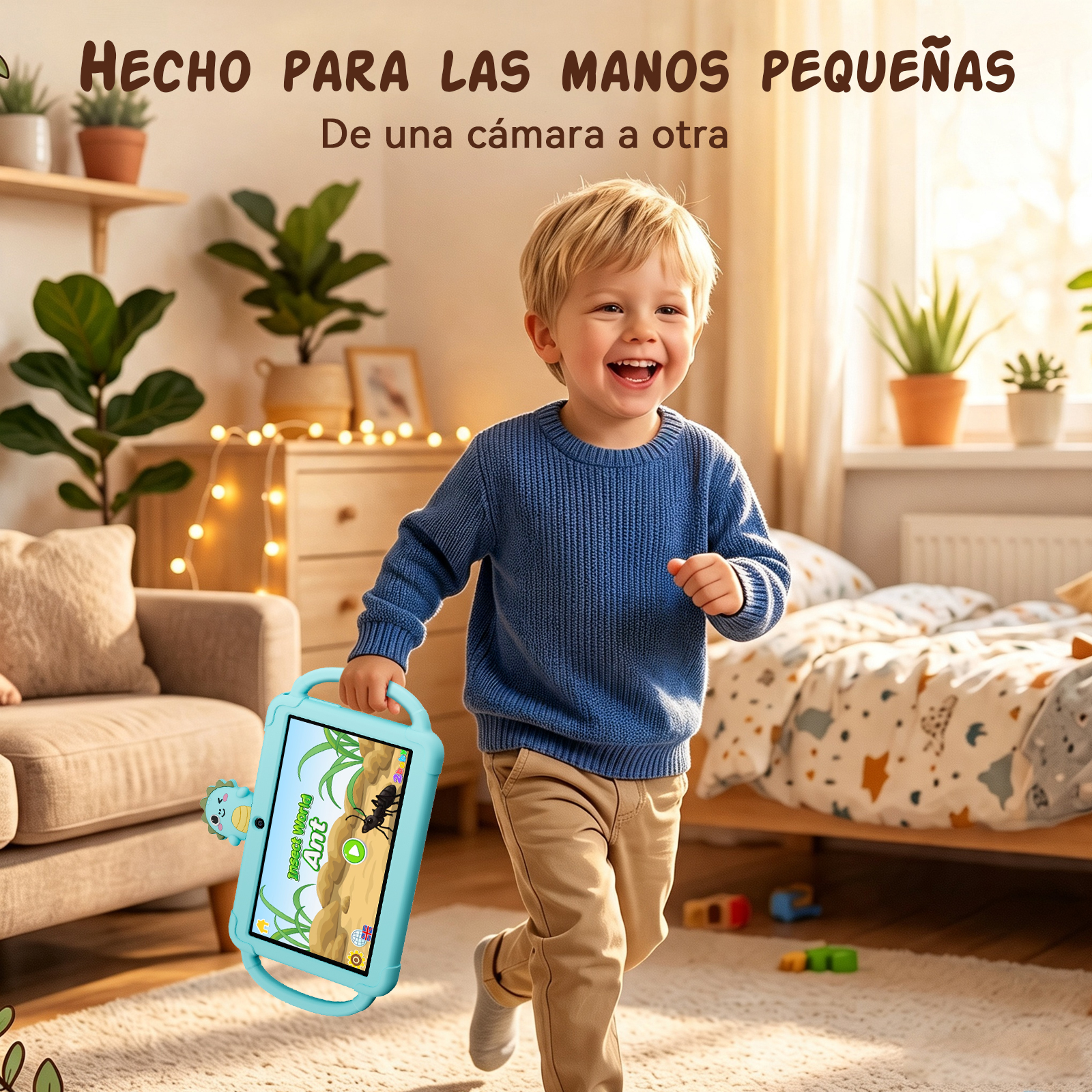 Niño con jersey azul corre feliz sosteniendo una tablet para niños en una habitación soleada.