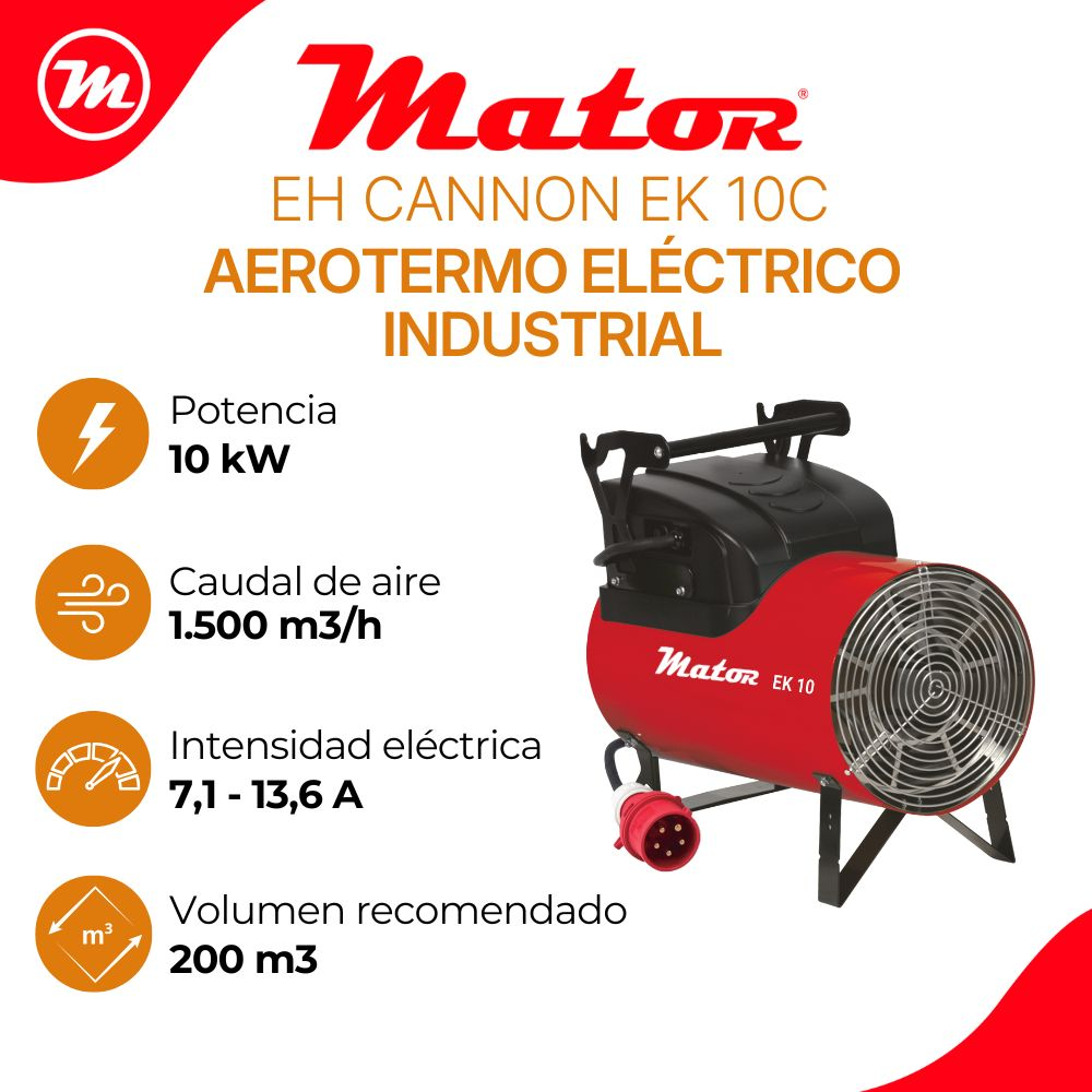 Aerotermo eléctrico industrial Mator EK 10C con 10 kW de potencia y especificaciones.